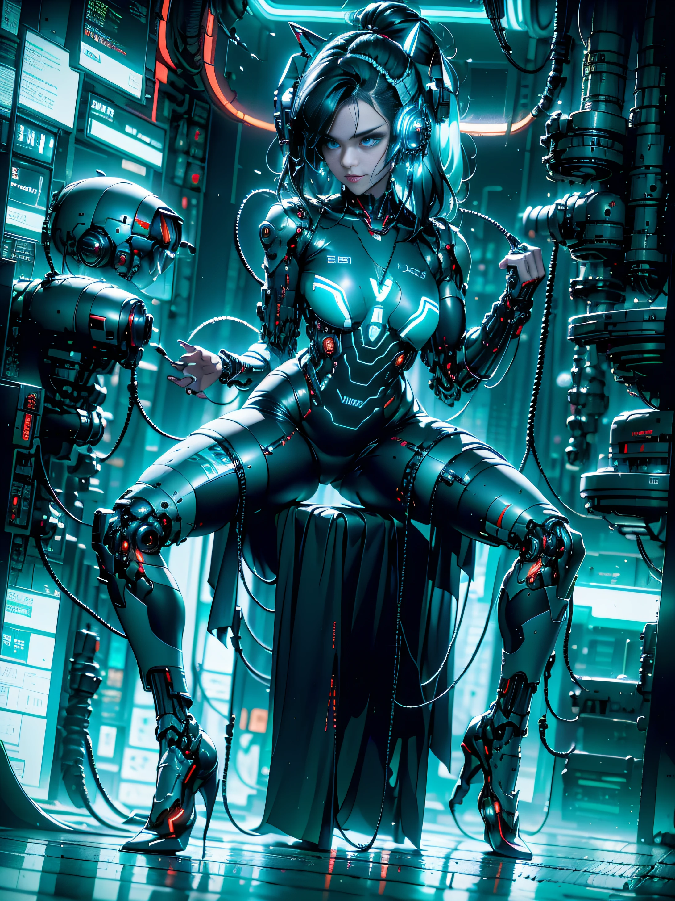 A female Cyberpunk pilot in a blue top and white shorts is sitting on a machine inside the cockpit., Sujetador deportivo y pantalones cortos azul oscuro, Sujetador deportivo y pantalones cortos, Athletic muscle tone, pecho piernas, piernas y brazos, Physical sports, Fit girl sitting in mechanical pilot's seat, brazos tonificados, Disparo en la parte superior del cuerpo, futuristic, interfaz digital, cabina combate, Cockpit of the fighter jet, caza de combate, controles joystick, Neon screens, Aircraft controls in the cockpit, Mecha Pilot girl, cyberpunk, neon genesis evangelion, Cables and pipes inside aerospace cabin