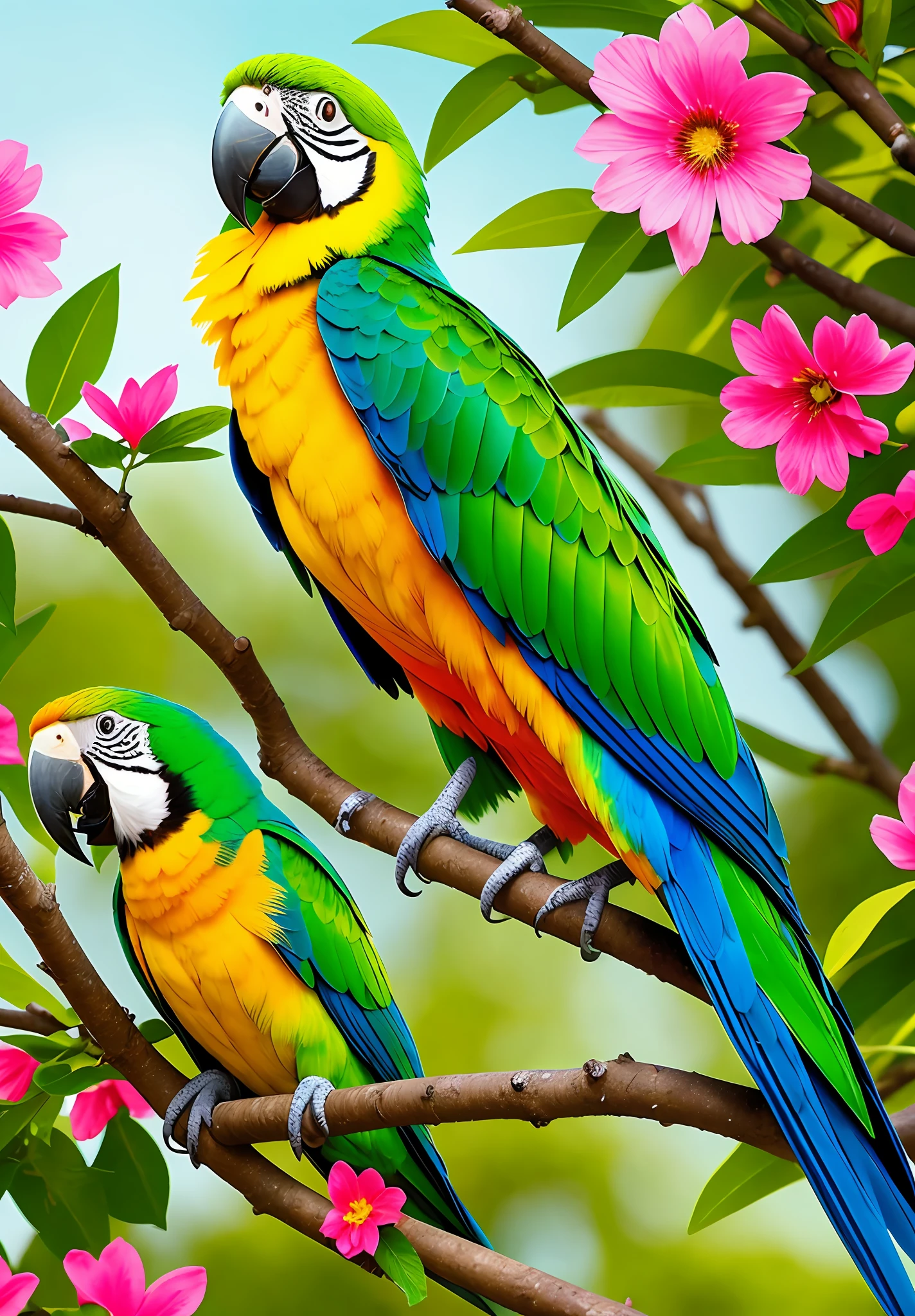 "Master painting a beautiful landscape with a vibrant green parrot in sunny nature, capturing the smallest details of the bird's feathers and expression. The scene is full of life and movement, with the trees swaying gently in the wind, colorful flowers in the foreground and a lush luminosity that enhances the beauty of the environment. The quality of this work of art is impressive, digna de um verdadeiro mestre das artes.+"