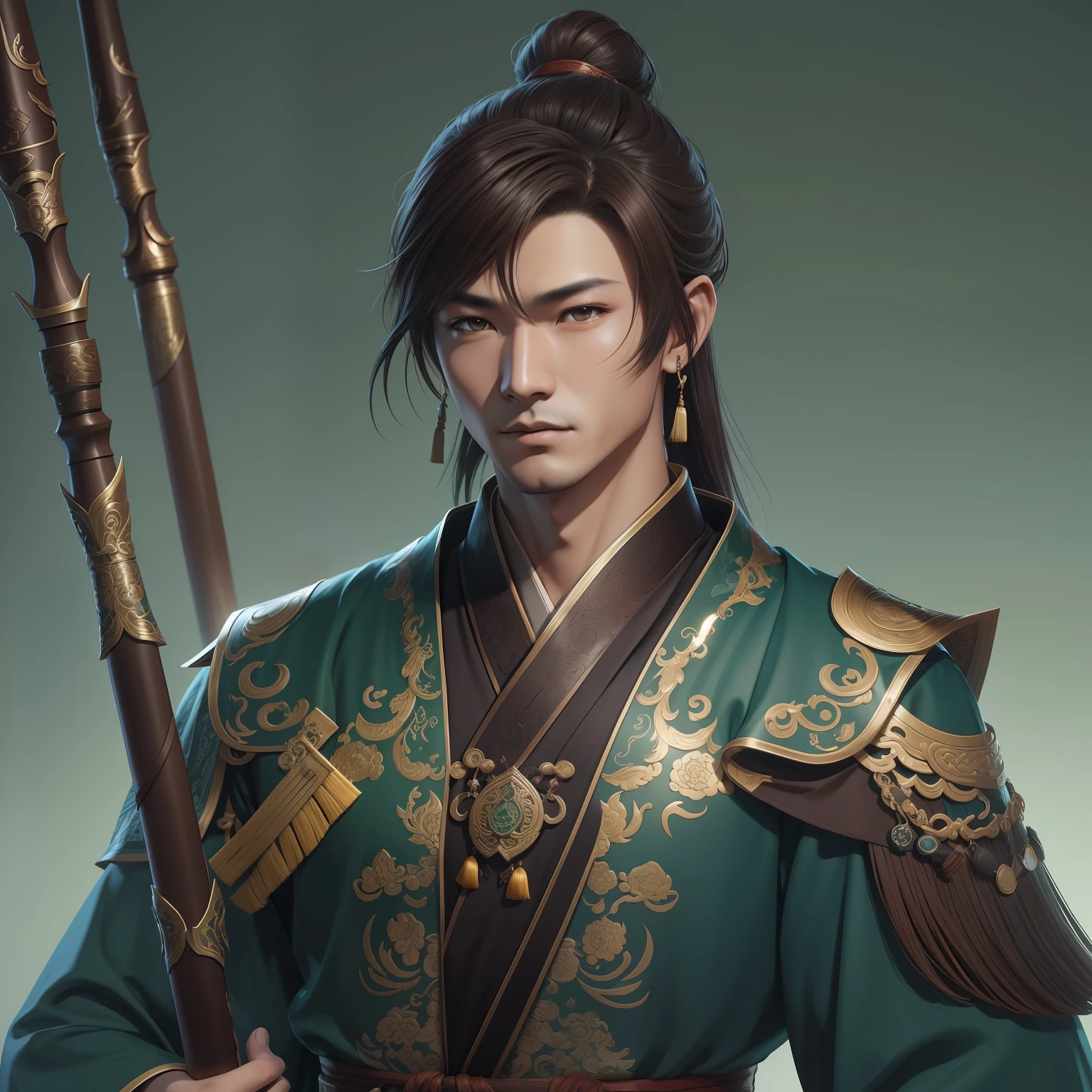 a close up of a man in his 30's, with brown eyes and brown hair, wearing a green and black outfit, a hero in wuxia style, with brown eyes, martial artist holding a staff, standing in a chinese monastary, new costume concept design, in the style of blade and soul, full body character concept, detailed character design, inspired by Yang Jin, inspired by Li Mei-Shu, chinese costume, inspired by Lan Ying, inspired by Sim Sa-Jeong, inspired by Li Tang, lunar themed attire, costume with blue accents, inspired by Ju Lian, colored concept art, highly detailed character design, highly detailed face, inspired by Ai Xuan, very highly detailed face, unreal engine render, final fantasy 14 style, inspired by Leng Mei