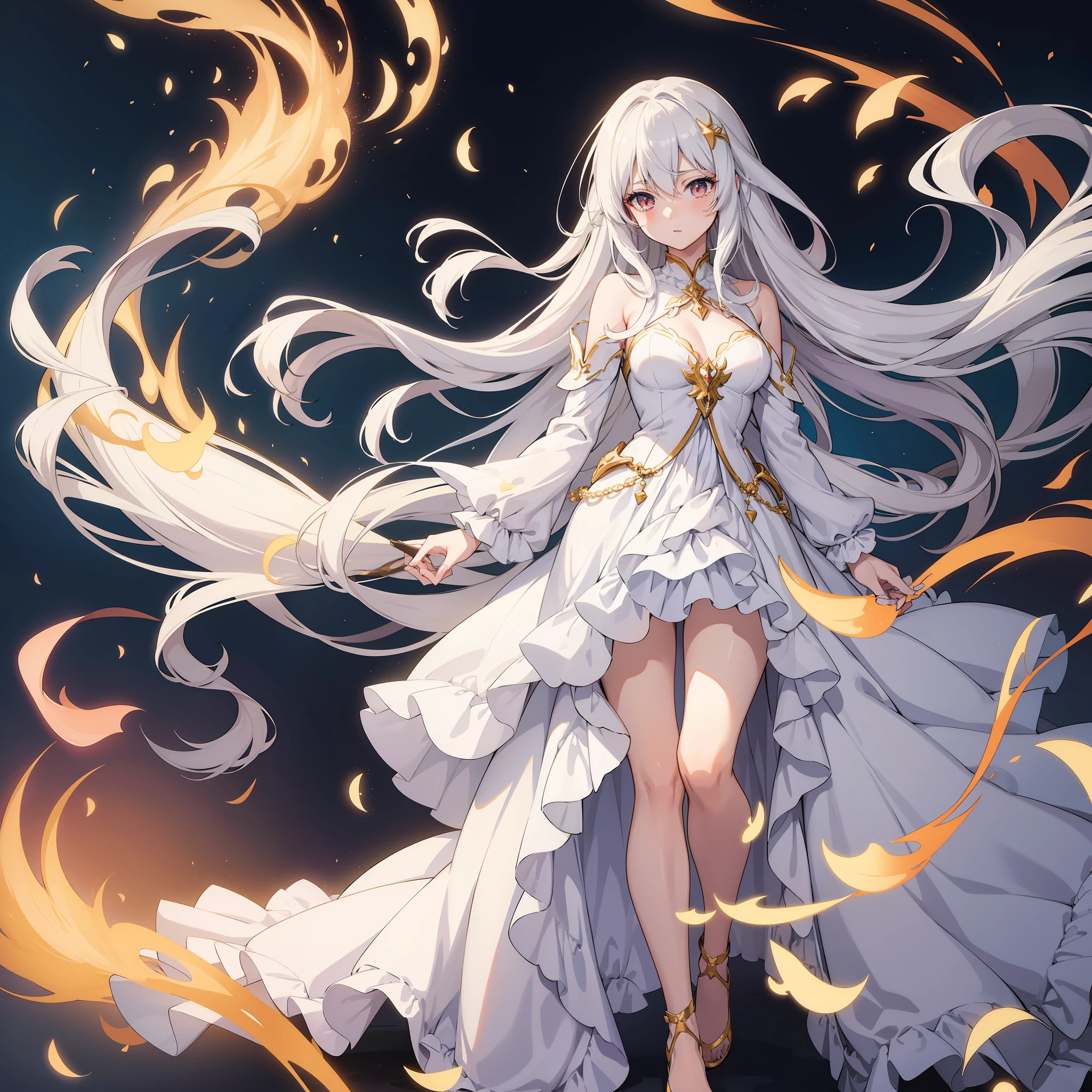 Illustrate an anime girl with flowing hair, adorned in an elegant gown, and surrounded by a soft glow of magic, white hair, full body shot