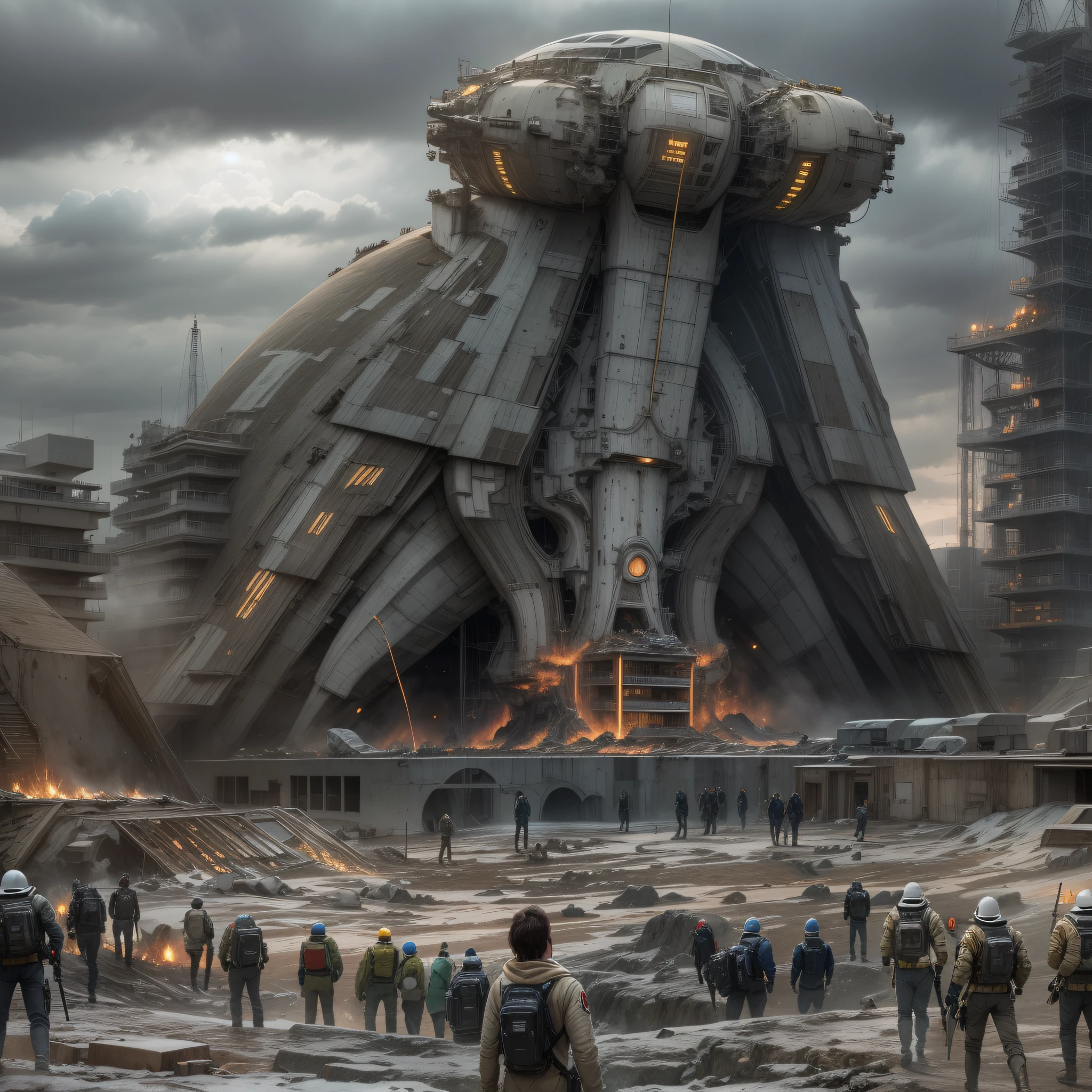 en estilo comic, basado en la pelicula prometheus: (( la tripulacion de la spacecraft prometheus, hombres y mujeres)), inspeccionas una ciudad de un planeta desconocido , con enormes edificios altamente tecnologicos. cuyos materiales de construccion son la plata, el oro y el bronce.