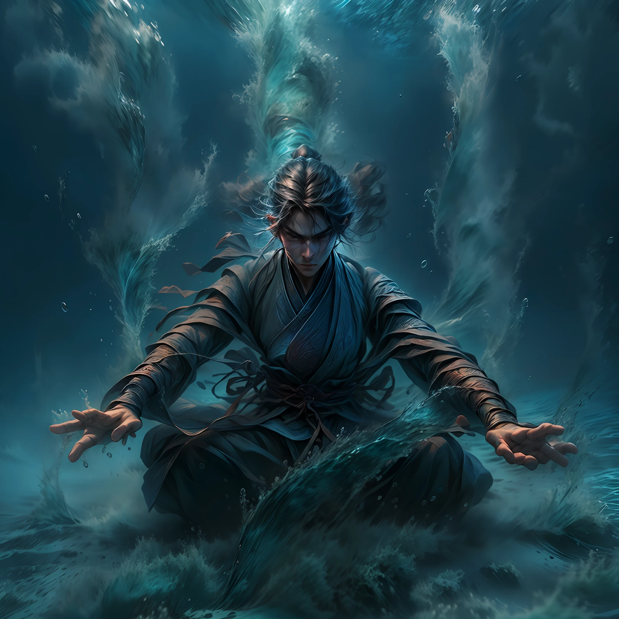 A man sitting at the bottom of the ocean,kung-fu pose,controlling water