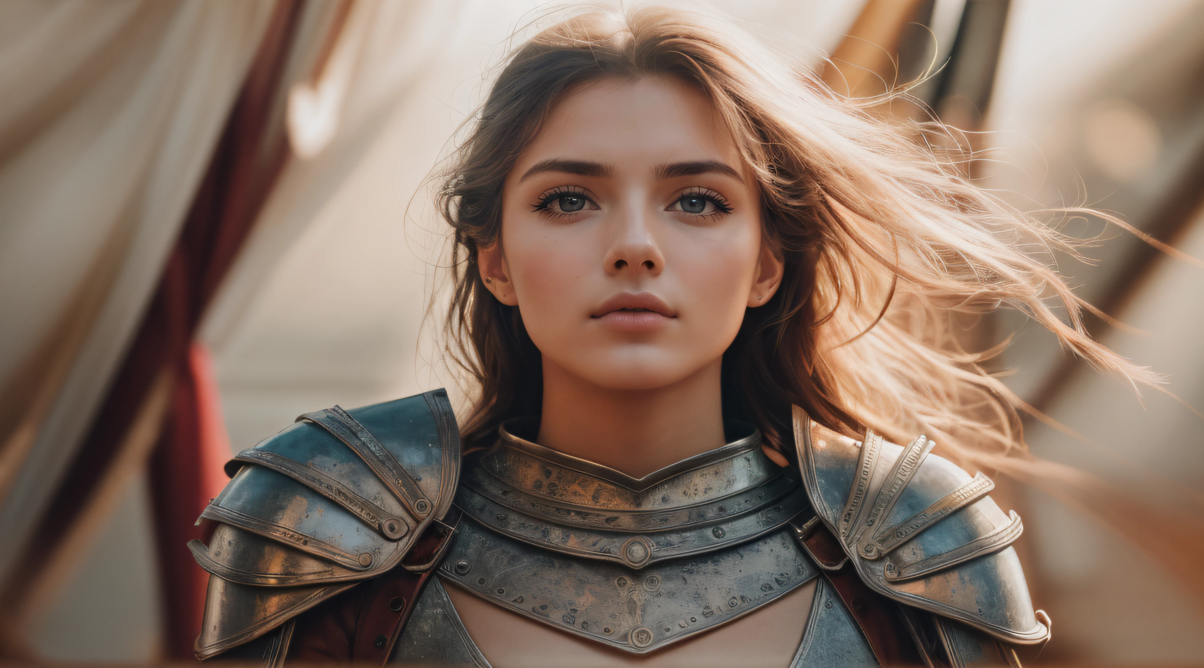 RAW photo, a 22-year-old-girl, Joan d'arc, in medieval battle suit, in the middle of medieval war, (1girl), (realistic), (photo-realistic:1.5), lipstick,(RAW photo, 8k uhd, film grain), Sharp Eyeliner, Blush Eyeshadow With Thick Eyelashes, extremely delicate and beautiful, 8k, soft lighting, high quality, highres, sharp focus, extremely detailed, (sunlight on face), beautiful detailed eyes, extremely detailed eyes and face, masterpiece, cinematic lighting, (high detailed skin:1.2), 8k uhd, dslr, soft lighting, high quality, film grain, Fujifilm XT3