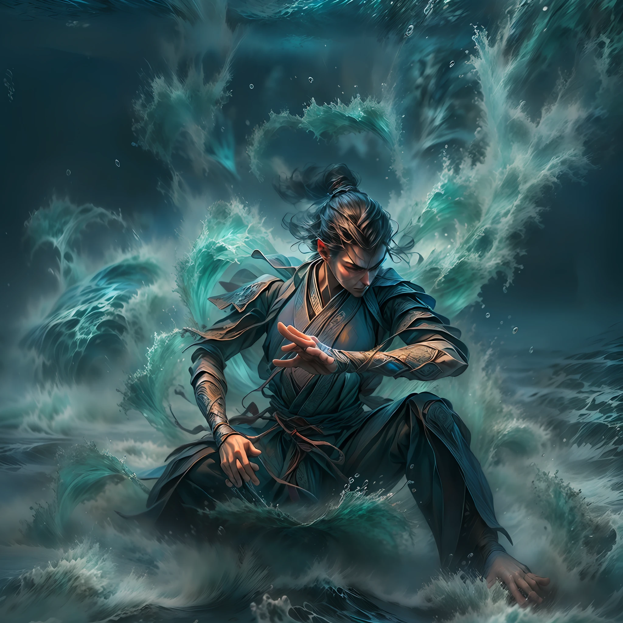A man sitting at the bottom of the ocean,kung-fu pose,controlling water