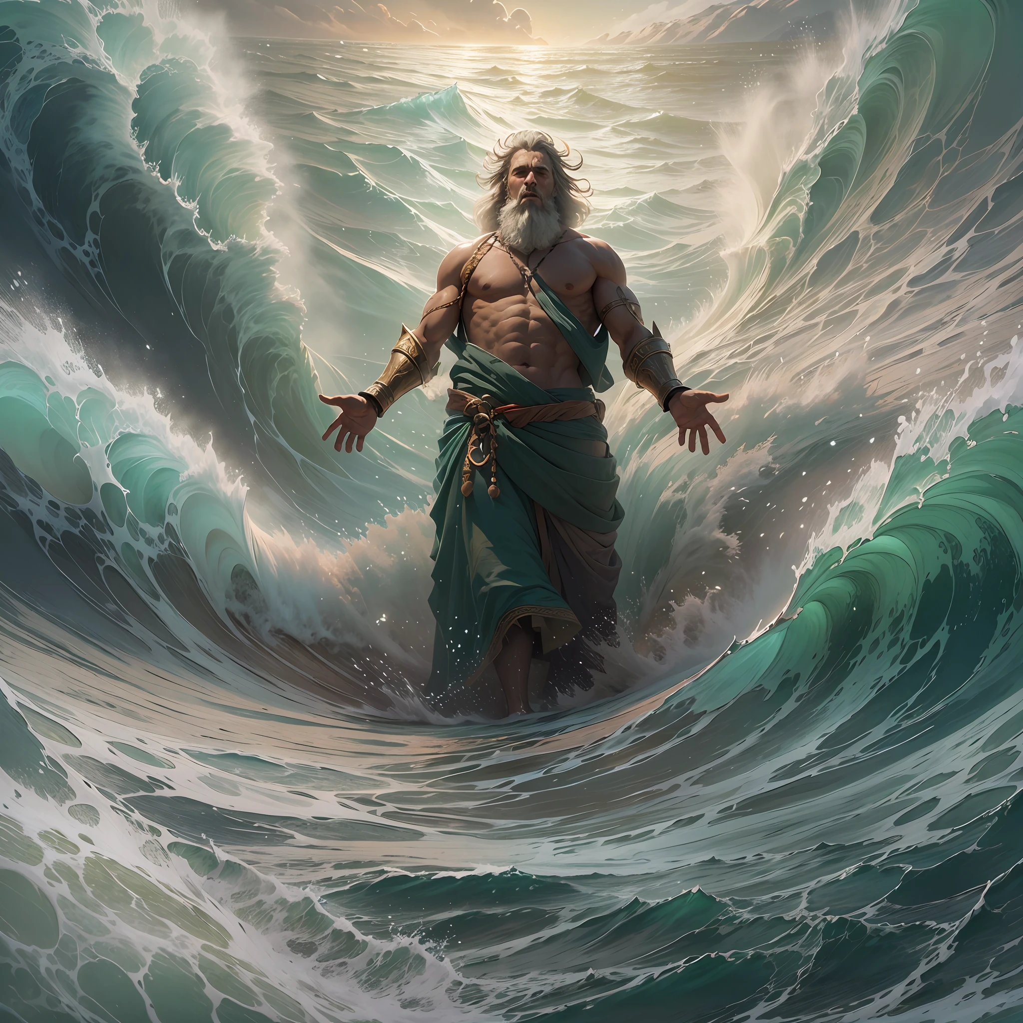 A close up of a man standing in front of a separating sea,big waves can be seen, god of the ocean, the god of the sea, torment and waves, moses, rising from ocean,standing in a maelstrom, prophetic art, epic biblical depiction, churning,higly detailed,cinematic