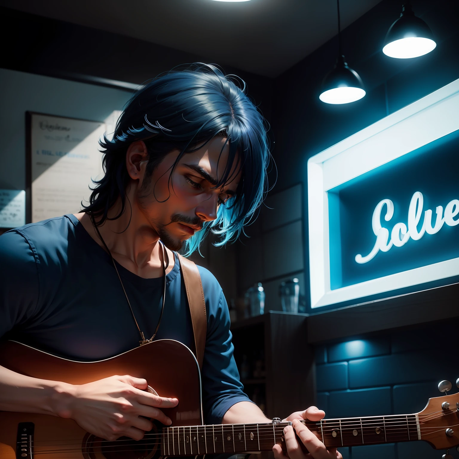 Create an image that captures the essence of the blues. Pense em tons suaves de azul, um homem de terno tocando guitarra e um bar noturno,com leds e , nostalgic lights. The image should convey the emotionality and unique soul that make the blues such a captivating musical style.