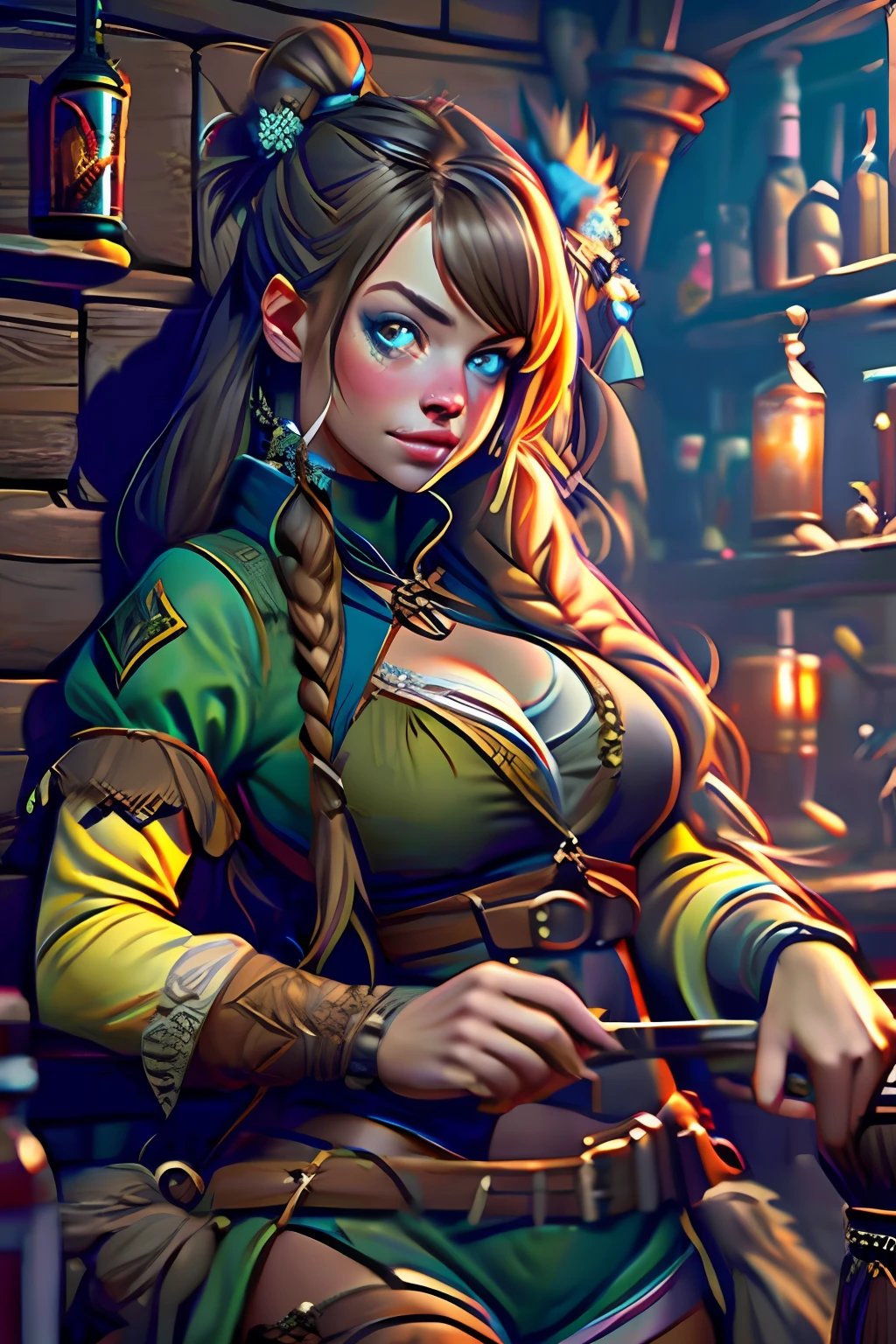 Hunter girl in fantasy tavern, masterpiece, ultra high contrast, intricate details, insane details, 8k