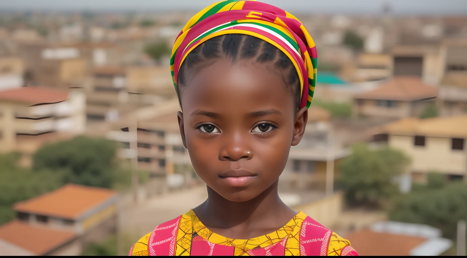 "Generate a hyper-realistic unique image of a  from Togo with authentic Togolese features, skin colour, eyes, dressing, real, set against a realistic city background, showcasing the best quality and intricate details."