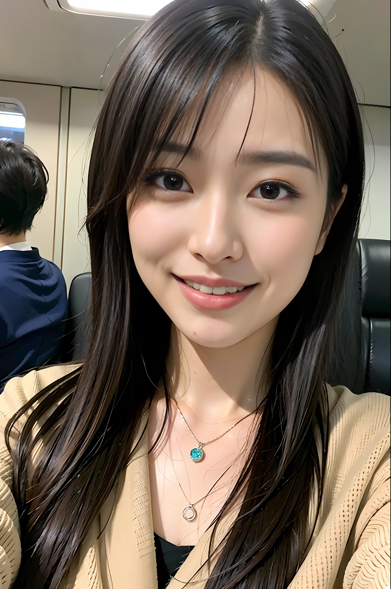 (Masterpiece:1.3)、(8k、Photo Realistic、RAW Photography、top-quality: 1.4)、super definition、anatomically correct、Textured skin、(1girl、solo)、（Shooting for one person only）、beautiful countenance、（realistic face）、Korean model(A dark-haired、Center division、Long:1.3）、Chinese models(A dark-haired、Center division、Long:1.3)、More Korean than Chinese、realistic eyes、real looking skin、Beautiful details、Beautiful skins、A charming smile、Smiling smile、super high resolution、（hyper-realistic）、anatomically correct、Textured skin、Sharp jawline、perfect proportions 、（plump bust）、Necklace、 Realistic Light、Take a selfie with your smartphone in front of your Shinkansen seat、（selfies）、wearing a （suit）、morning view、natural light