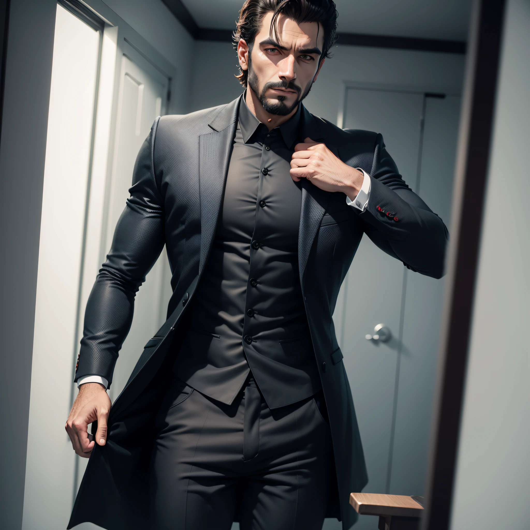 Um homem de roupa preta, terno e gravada, Cinematic 8K