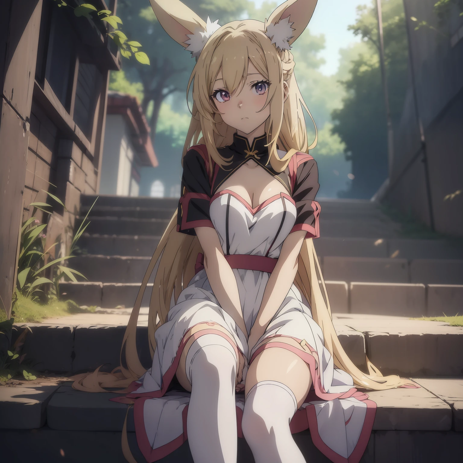 ((anime styled:1.4))Rabbit-eared girl　Inside the movie screen　Luxury Princess Dresses　Text background　knee sox　sun light　shinny hair　　Sad look　scinematic angle　cinematic shadow　softfocus　　specular reflection