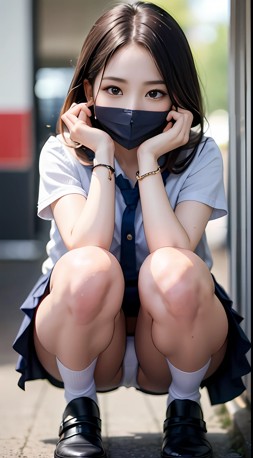 M-shaped legs、Mansuji、お漏らしをする、pee、Top quality wet, masterpiece, Girl crouching on beautiful face, (photographrealistic:1.3), Rim lighting, (High Detail Skins:1.2), 8K UHD, Digital SLR、bangss、 hightquality, hight resolution, 4K, 8K, bokeh dof, absurderes, best ratio four finger and one thumb, (realisitic:1.3), pretty 1girl, Panchira、white panties、Taken from the front、food、White mask、white shirt、Gray vest、Blue Ribbon、short skirt of dark blue color、Dark blue socks、lowfers、校服、School
