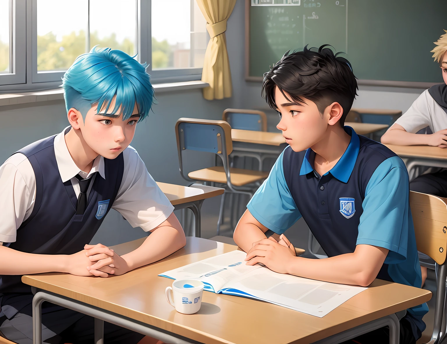 A serious 15-year-old boy who tells a story to another 15-year-old boy has blue hair and is in the school classroom, Behind them are other kids playing basketball.