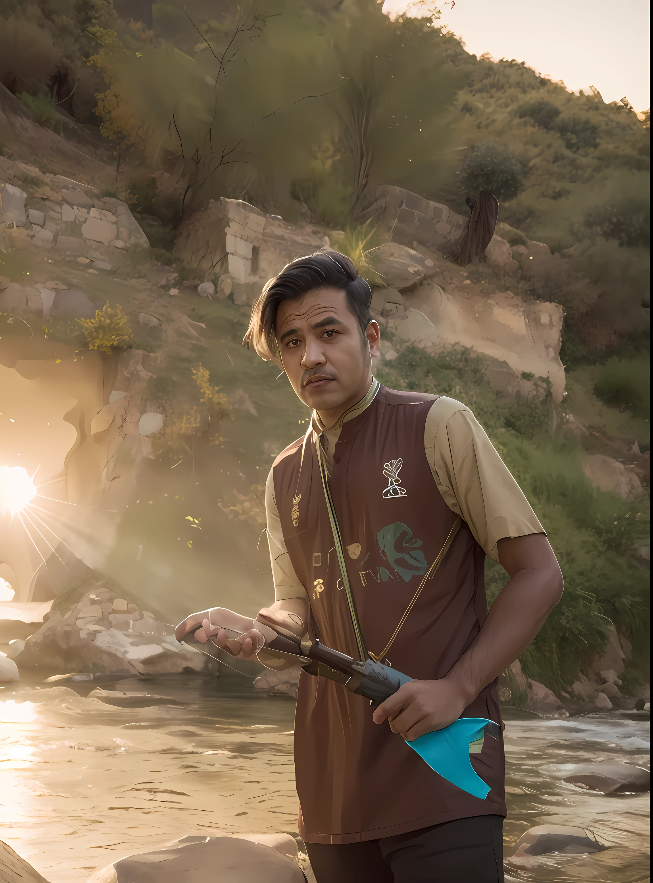 there is a man standing on a rock with a fishing rod, river in front of him, traditional art, ismail, potrait, near a river, mohamed chahin style, connected with hanging bridge!!, river in the background, profile picture, with mountains in the background, taken at golden hour, ayan nag, fanart, portait photo