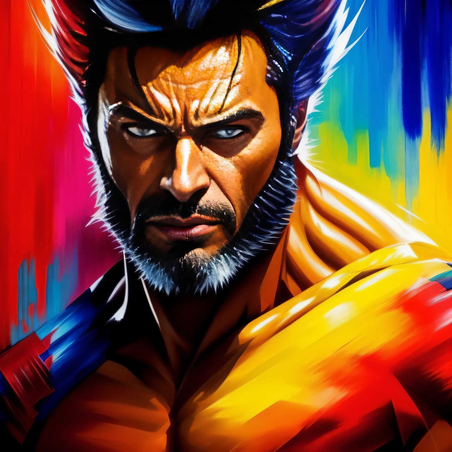 Wolverine com garras. Pintura estilo: "impressionismo", com cores vibrantes bem definidas em 8K. Paint in such a way that the characters are easily recognizable and reveal the perfection of the characters' facial expressions.