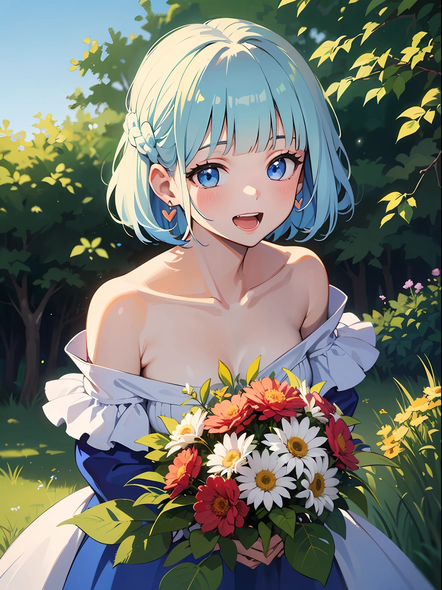 (masterpiece:1.3), (best quality:1.3), high resolution,
couboy shot,
leaning forward, (holding:1.1), body facing forward,
(one cute girl:1.3), solo,
white skin, small Breast, eight-headed person,
light blue hair, (bobbed hair:1.2), (short hair:1.2), (blunt bangs:1.2), beautiful hair, blue eyes, beautiful detailed eyes,
blush, open mouth, heart, cheerful smile,
(bouquet:1.1), one piece dress, frill, earrings,
outdoors, flower garden, natural park, medieval western town,
shadowlighting,