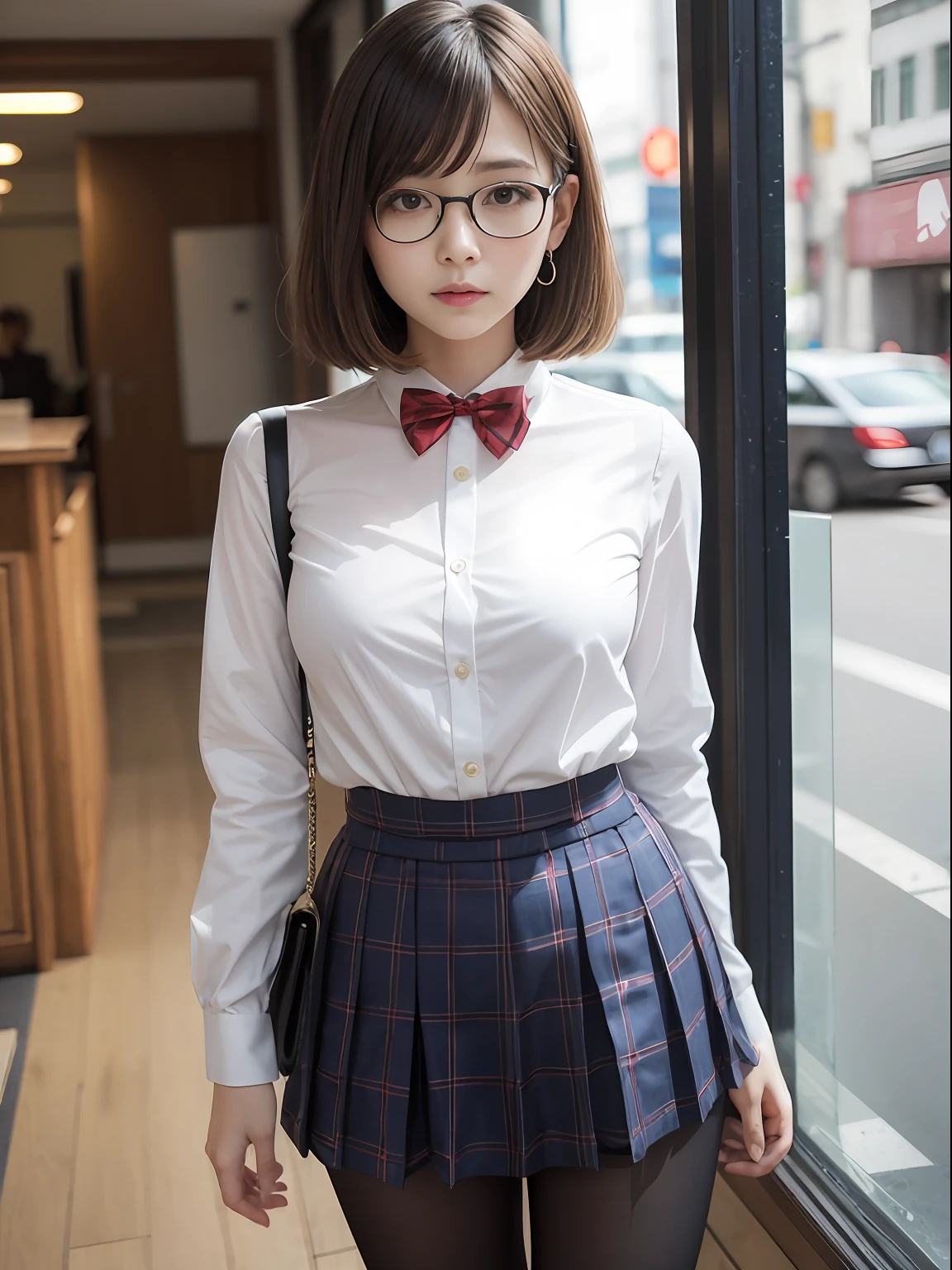 (8K、Raw photography、top-quality、masterpiece:1.2),Black pantyhose,absurderes,a small face,small tits,flat breast,Parting the bangs from the middle、Forehead visible,(Tight eyes,Bullish,skinny,Rasping,irate)、masterpiece,top-quality、超A high resolution,Raw photo,ren,Beautiful fece,One Person, 独奏,eye glass,,Dark look,Small breasts,fullllbody,Round glasses、cute little、A Japanese Lady,is standing,(Tight eyes,Bullish,skinny,Rasping,irate,small tits,flat breast)、(Photorealsitic:1.37)、Photon mapping,Light blue ribbon,Realistic、Cute little face,Brown-eyed、Black socks、(Red bow tie)、Radio City、Physically Based Rendering、Foreground、depth of fields、Blurry background、a picture,The girls、Body, Long legs, Thin leg,Semi-bob cut,(Bangs are visible), hair, s lips, Blue_The eye, nosesoft,White shirt, Navy blue and white plaid pleated skirt, Knees are visible,Sheer clothing,, Thigh, Black cotton socks,Nogizaka Idol, 女優, Japanese ido