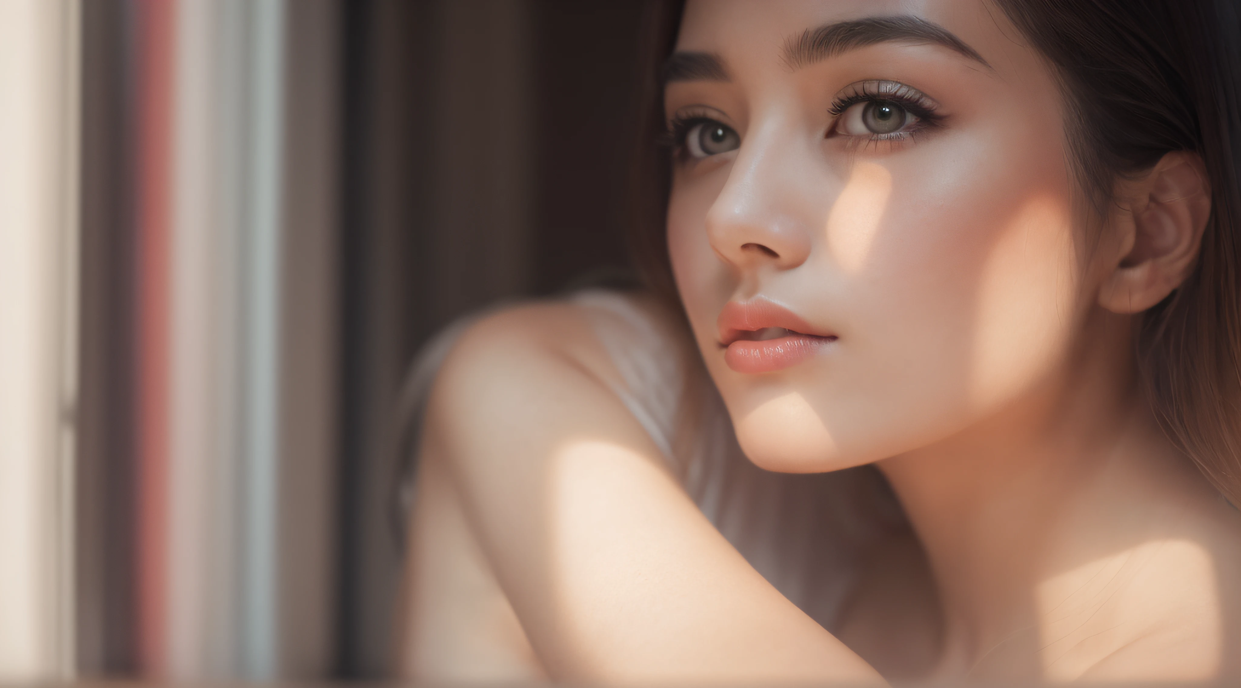 RAW photo, a 22-year-old-girl, no clothes on, no bra, no panties, no underwear, sit beside window, (1girl), (realistic), (photo-realistic:1.5), lipstick,(RAW photo, 8k uhd, film grain), Sharp Eyeliner, Blush Eyeshadow With Thick Eyelashes, extremely delicate and beautiful, 8k, soft lighting, high quality, highres, sharp focus, extremely detailed, (sunlight on face), beautiful detailed eyes, extremely detailed eyes and face, masterpiece, cinematic lighting, (high detailed skin:1.2), 8k uhd, dslr, soft lighting, high quality, film grain, Fujifilm XT3