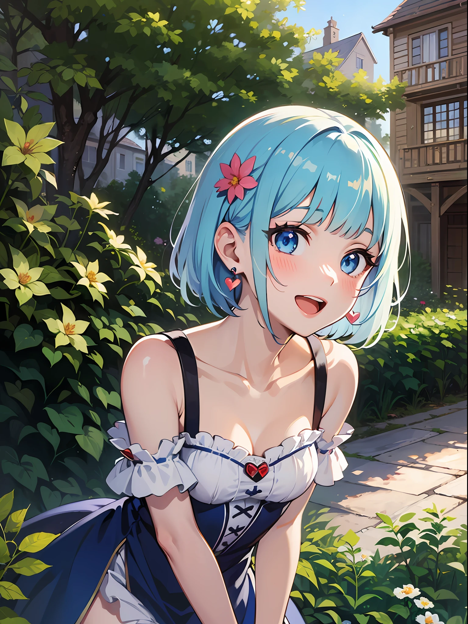 (masterpiece:1.3), (best quality:1.3), high resolution, 


couboy shot, 
leaning forward, body facing forward, 

(one cute girl:1.3), solo, 
white skin, small Breast, eight-headed person, 
light blue hair, (bobbed hair:1.2), (short hair:1.2), (blunt bangs:1.2), beautiful hair, blue eyes, beautiful detailed eyes, 

blush, open mouth, heart, cheerful smile, 

one piece dress, frill, earrings, 

outdoors, flower garden, natural park, medieval western town, 

shadowlighting,
