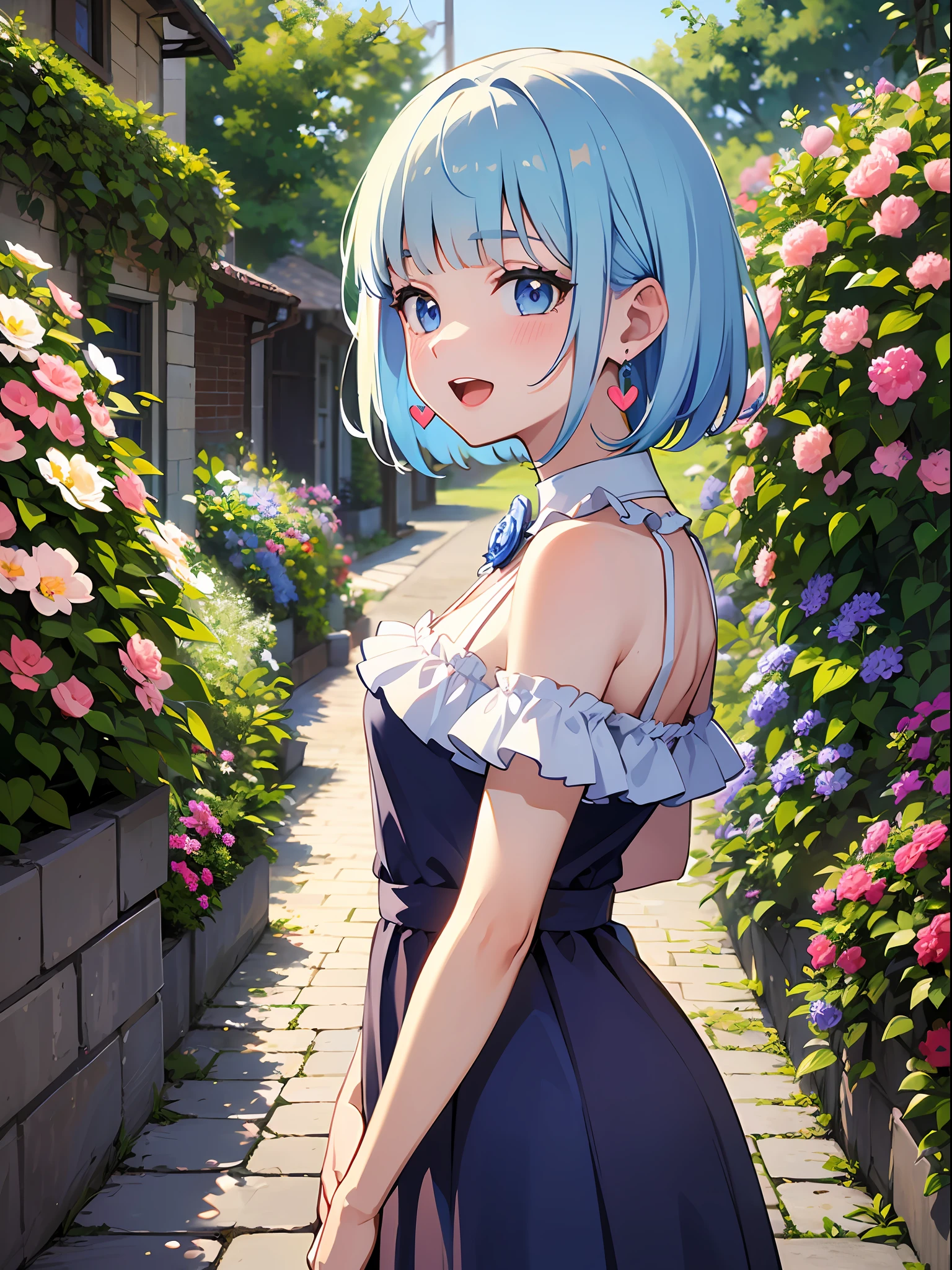 (masterpiece:1.3), (best quality:1.3), high resolution,
couboy shot,
leaning forward, body facing forward,
(one cute girl:1.3), solo,
white skin, small Breast, eight-headed person,
light blue hair, (bobbed hair:1.2), (short hair:1.2), (blunt bangs:1.2), beautiful hair, blue eyes, beautiful detailed eyes,
blush, open mouth, heart, cheerful smile,
one piece dress, frill, earrings,
outdoors, flower garden, natural park, medieval western town,
shadowlighting,