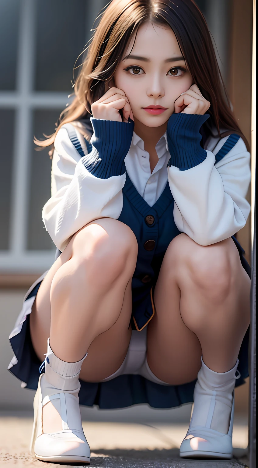 M-shaped legs、Mansuji、お漏らしをする、pee、Top quality wet, masterpiece, Girl crouching on beautiful face, (photographrealistic:1.3), Rim lighting, (High Detail Skins:1.2), 8K UHD, Digital SLR、bangss、 hightquality, hight resolution, 4K, 8K, bokeh dof, absurderes, best ratio four finger and one thumb, (realisitic:1.3), pretty 1girl, Panchira、white panties、Taken from the front、food、White mask、white shirt、Gray vest、Blue Ribbon、short skirt of dark blue color、Dark blue socks、lowfers、校服、School