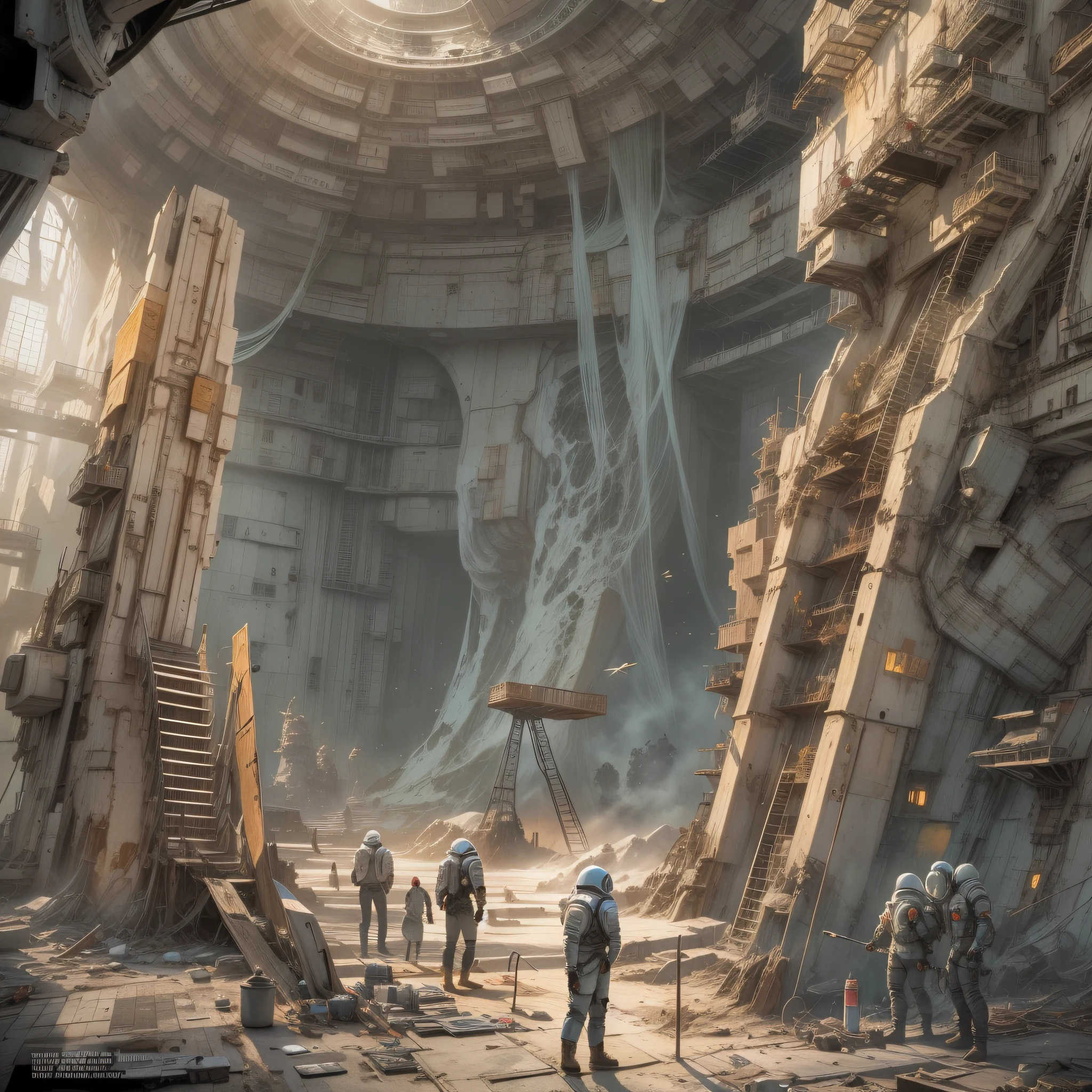 en estilo comic, basado en la pelicula prometheus: (( la tripulacion de la spacecraft prometheus, hombres y mujeres)), inspeccionas una ciudad de un planeta desconocido , con enormes edificios altamente tecnologicos. cuyos materiales de construccion son la plata, el oro y el bronc