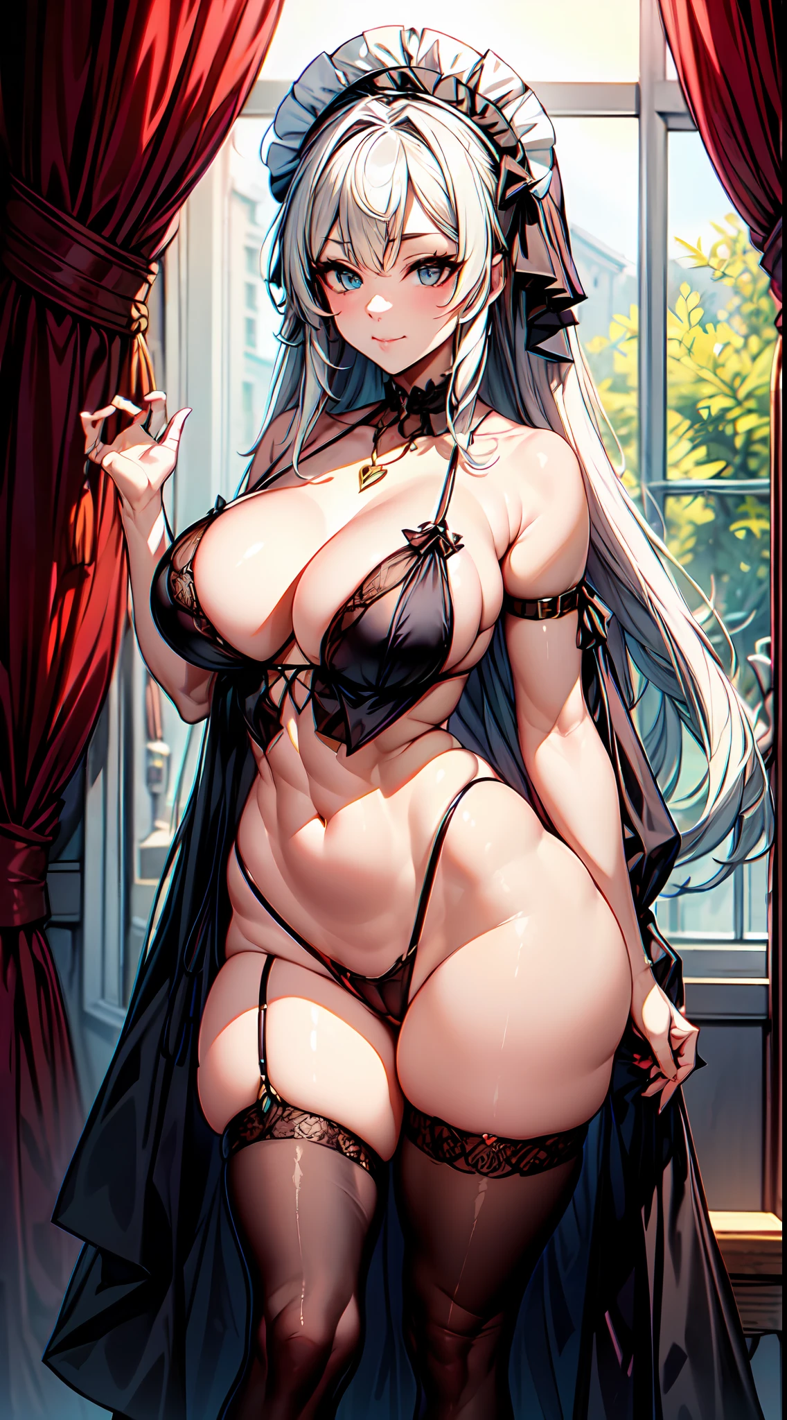 [(Transparent Background: 1.5)::5],(((Masterpiece))),(((Best Quality))),(((Extremely Detailed))), Illustration, (High Resolution), High Quality, Perfect Line Art, 1girl arm_strap asymmetrical_hair bikini bikini_bottom_only black_hair black_legwear black_thighhighs breasts closed_mouth clothing corset curvaceous detached_collar female grey_eyes grey_hair headdress headwear heart heart_pasties heart-shaped_pupils jewelry large_breasts legwear long_hair maid_headdress micro_bikini multicolored_hair navel one_arm_up open_mouth pasties revealing_clothes ring side-tie_bikini_bottom skindentation stomach streaked_hair swimsuit symbol-shaped_pupils thighhighs thong tongue tongue_out v-shaped_eyebrows x-shaped_pupils high_resolution very_high_resolution full_body