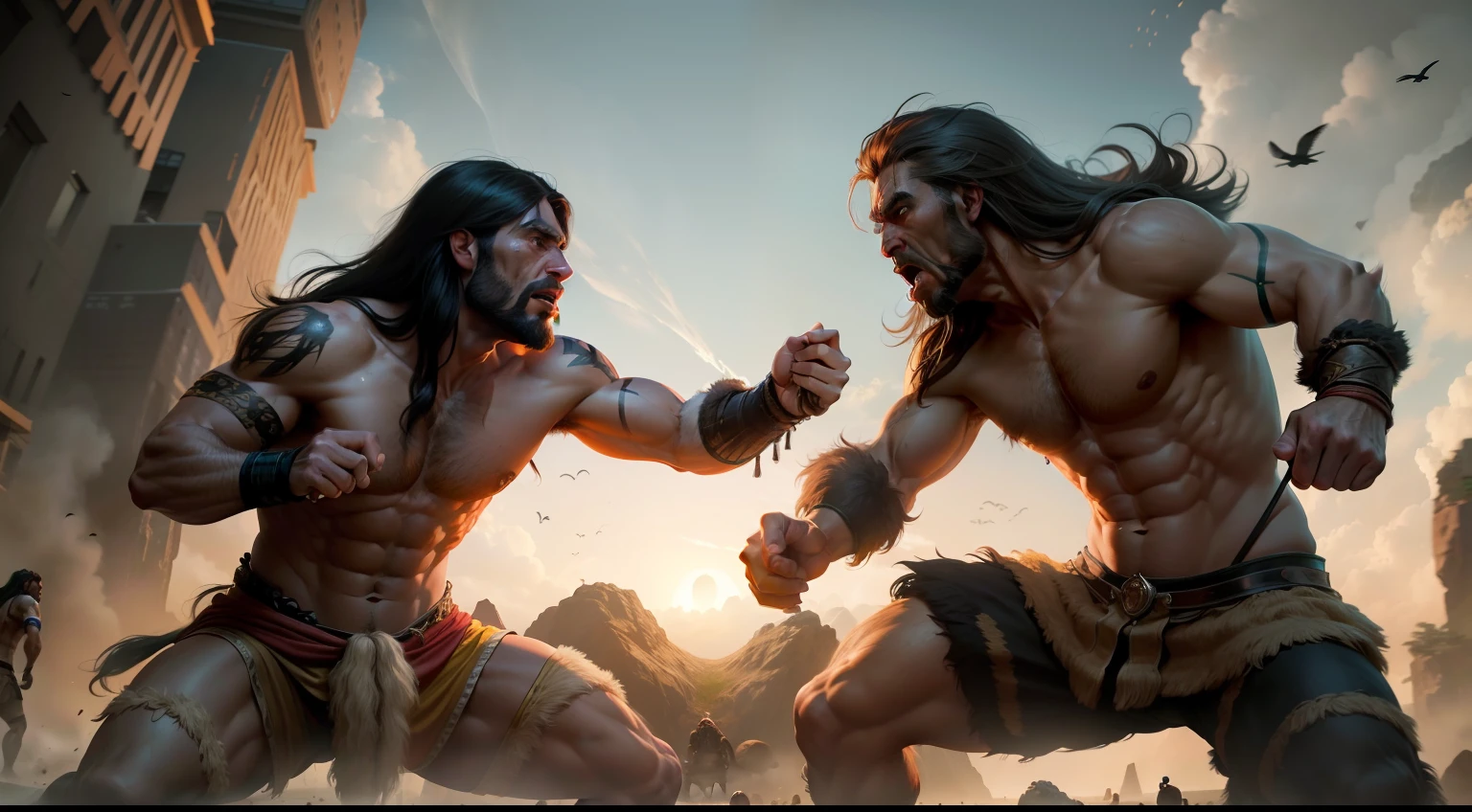 (homo sapiens vs neanderthals) & (prehistoric fight) & (prehistoric scenario), cinematic image, ultra-realistic, realistic scenery, detailed characters, dramatic lighting.