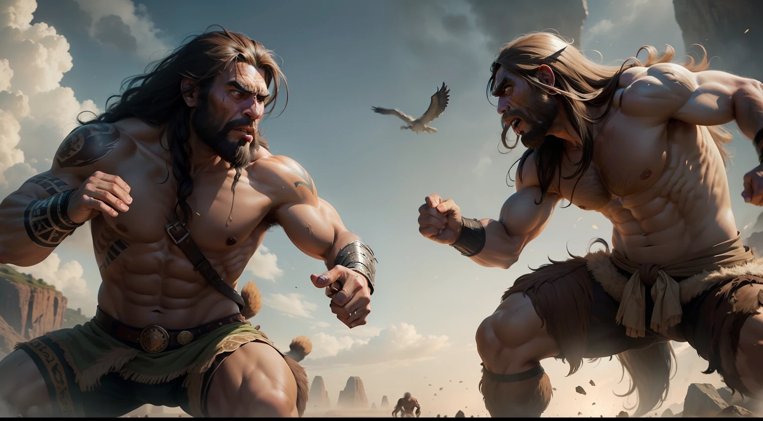 (homo sapiens vs neanderthals) & (prehistoric fight) & (prehistoric scenario), cinematic image, ultra-realistic, realistic scenery, detailed characters, dramatic lighting.