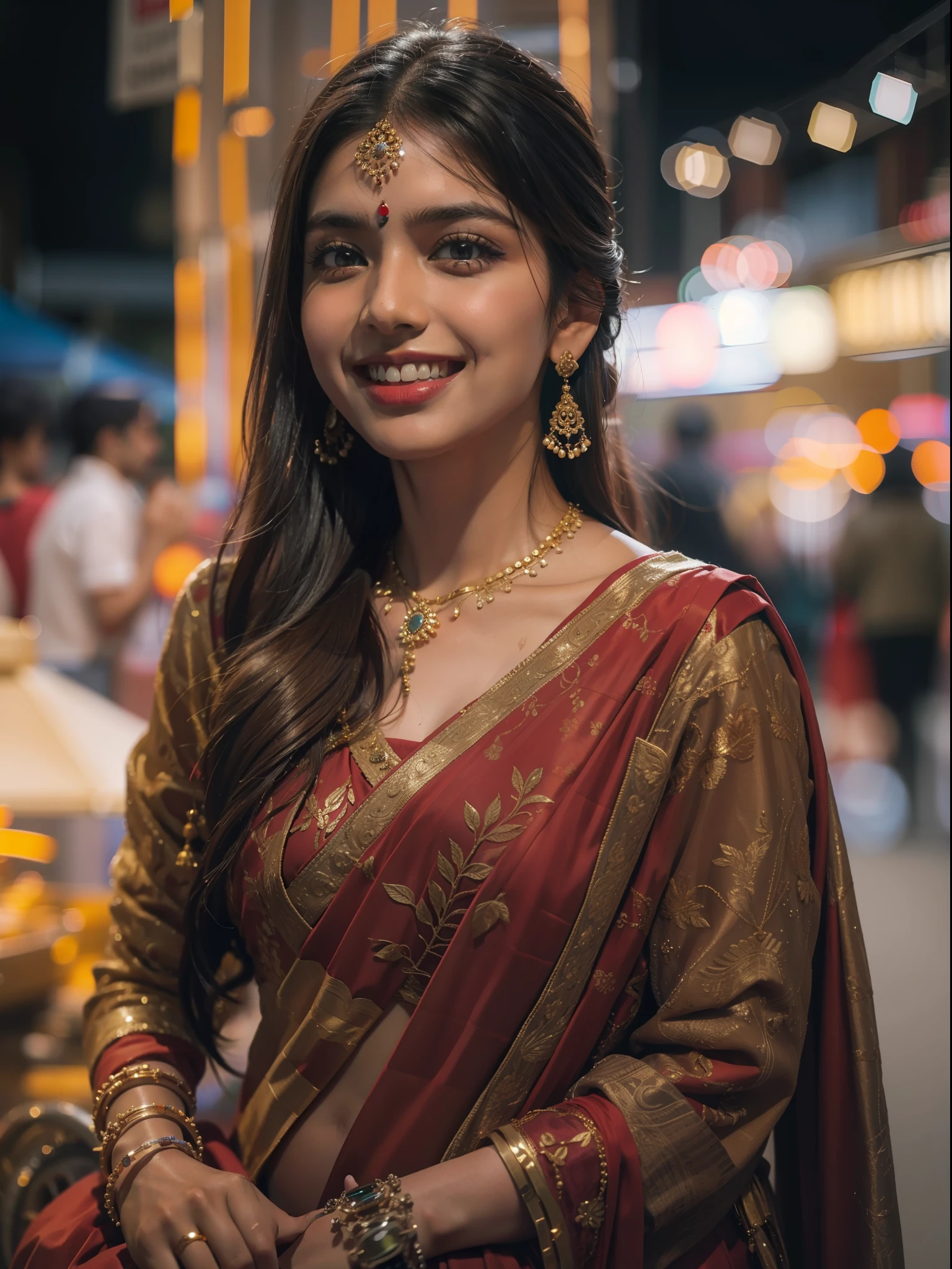 24-28 Years Old bollywood indian female fashion mode,brown skin,dressed Sari,Happy expression on face,at the night market,backlight, extremely realistic, 8k, insane details, intricate details, cinematic color graded,Color Grading, Editorial Photography, Photography,sharp focus, taken with a 60mm lens, ISO 300, f/4, 1/200th