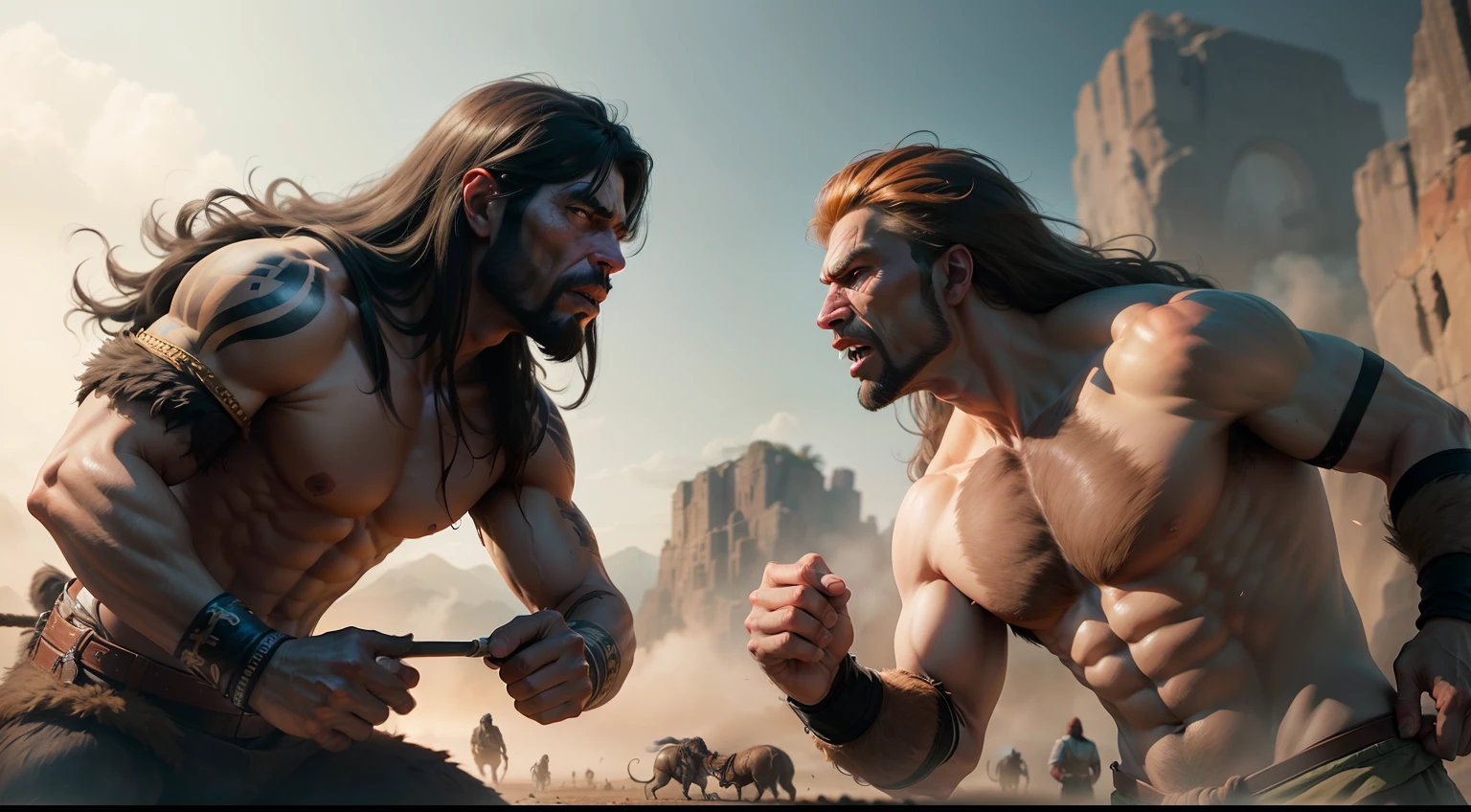 (homo sapiens vs neanderthals) & (prehistoric fight) & (prehistoric scenario), cinematic image, ultra-realistic, realistic scenery, detailed characters, dramatic lighting.