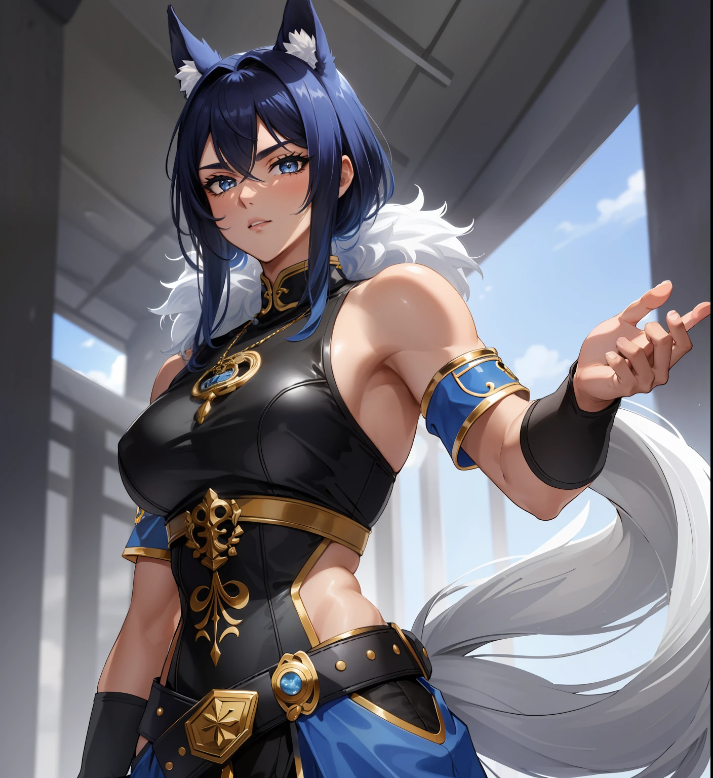obra-prima, anthropomorficfic, alta qualidade, foco afiado, uma Furry boxer, vestindo traje de boxe, ,corpo peludo cabelo azul em um rabo de cavalo, rosto perfeito, perfect jawline, em um ringue de boxe, furry, pele texturizada, olhos roxos negros brilhantes, dinamic pose, tiro de corpo inteiro, damp and humid atmosphere, 8k, uhd, absurdres UFC