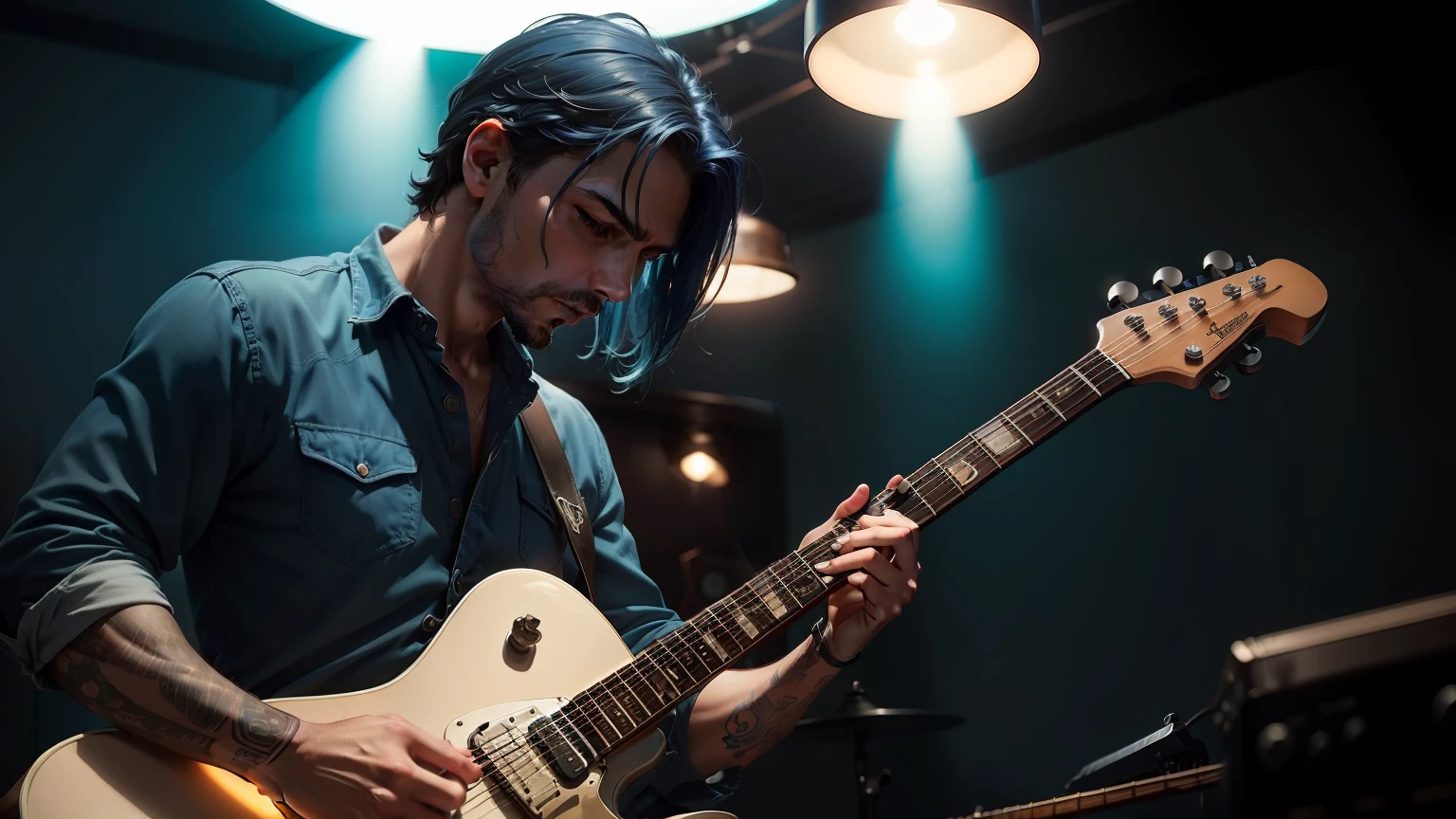 Create an image that captures the essence of the blues. Pense em tons suaves de azul, um homem de terno tocando guitarra e um bar noturno,com leds e , nostalgic lights. The image should convey the emotionality and unique soul that make the blues such a captivating musical style.