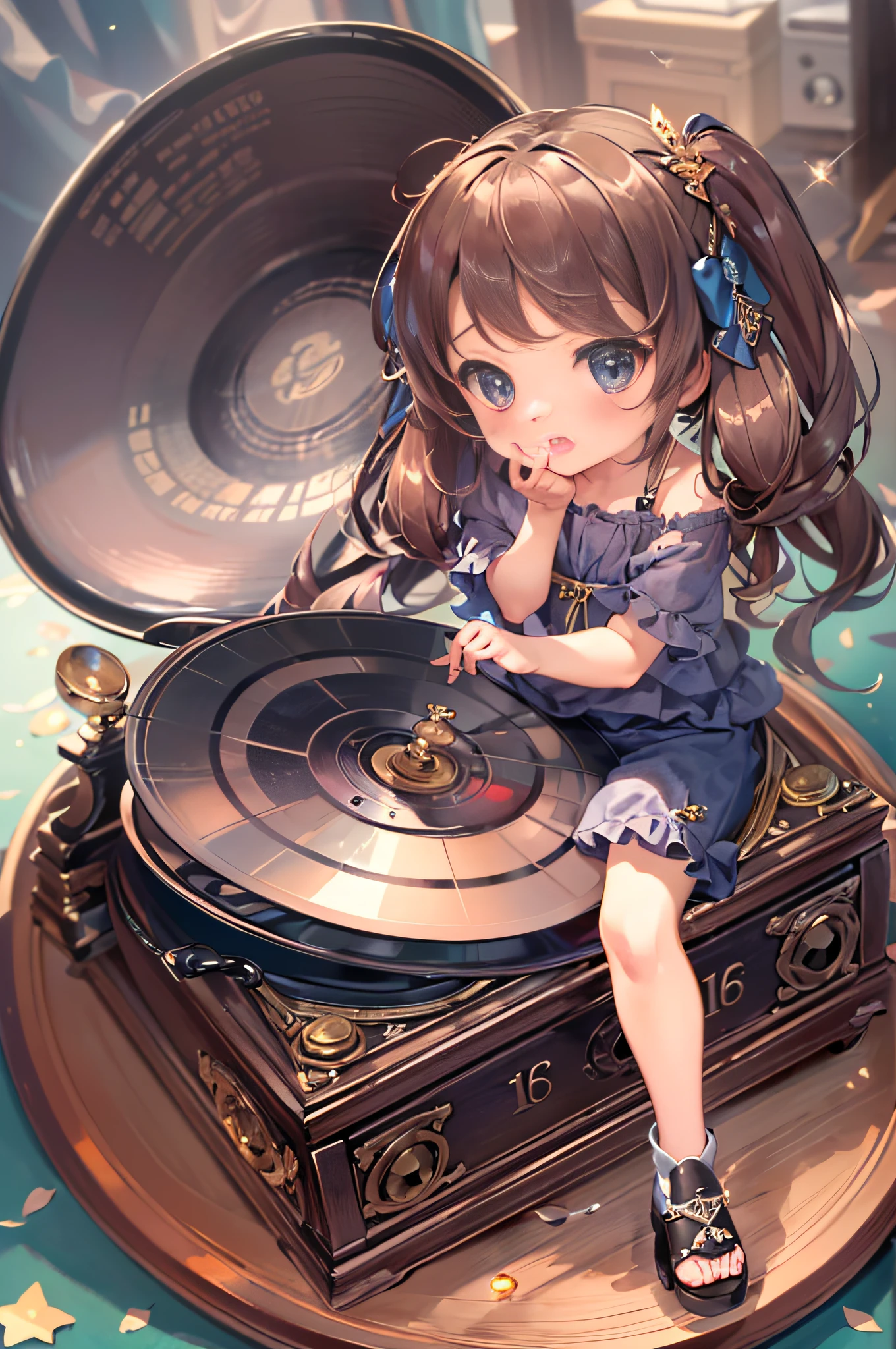 (masterpiece, best quality:1.3),(16k, highres:1.3),On a very big gramophone, a , chibi