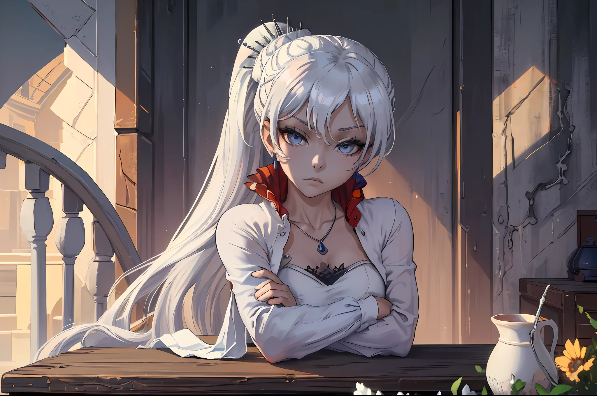 (Masterpiece, Best Quality:1.2),Cowboy shot,独奏,1girl, white colored hair, Vaisvale,expressionless,closed mouth,looking a viewer,crossed arms,pony tail,scar across eye,whitedress,Jewelry,necklace,earings,upper-body, Remote Frame