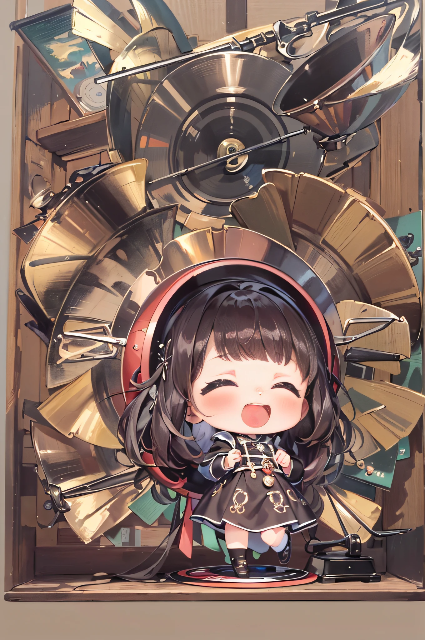 (masterpiece, best quality:1.3),(16k, highres:1.3),On a very big gramophone,on a big record board, a  girl frolicking happily, chibi