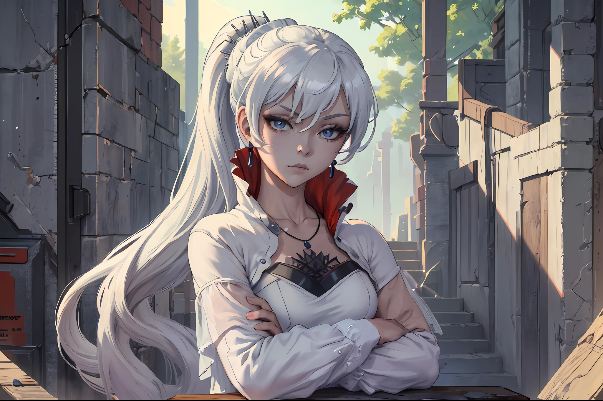 (Masterpiece, Best Quality:1.2),Cowboy shot,独奏,1girl, white colored hair, Vaisvale,expressionless,closed mouth,looking a viewer,crossed arms,pony tail,scar across eye,whitedress,Jewelry,necklace,earings,upper-body, Remote Frame