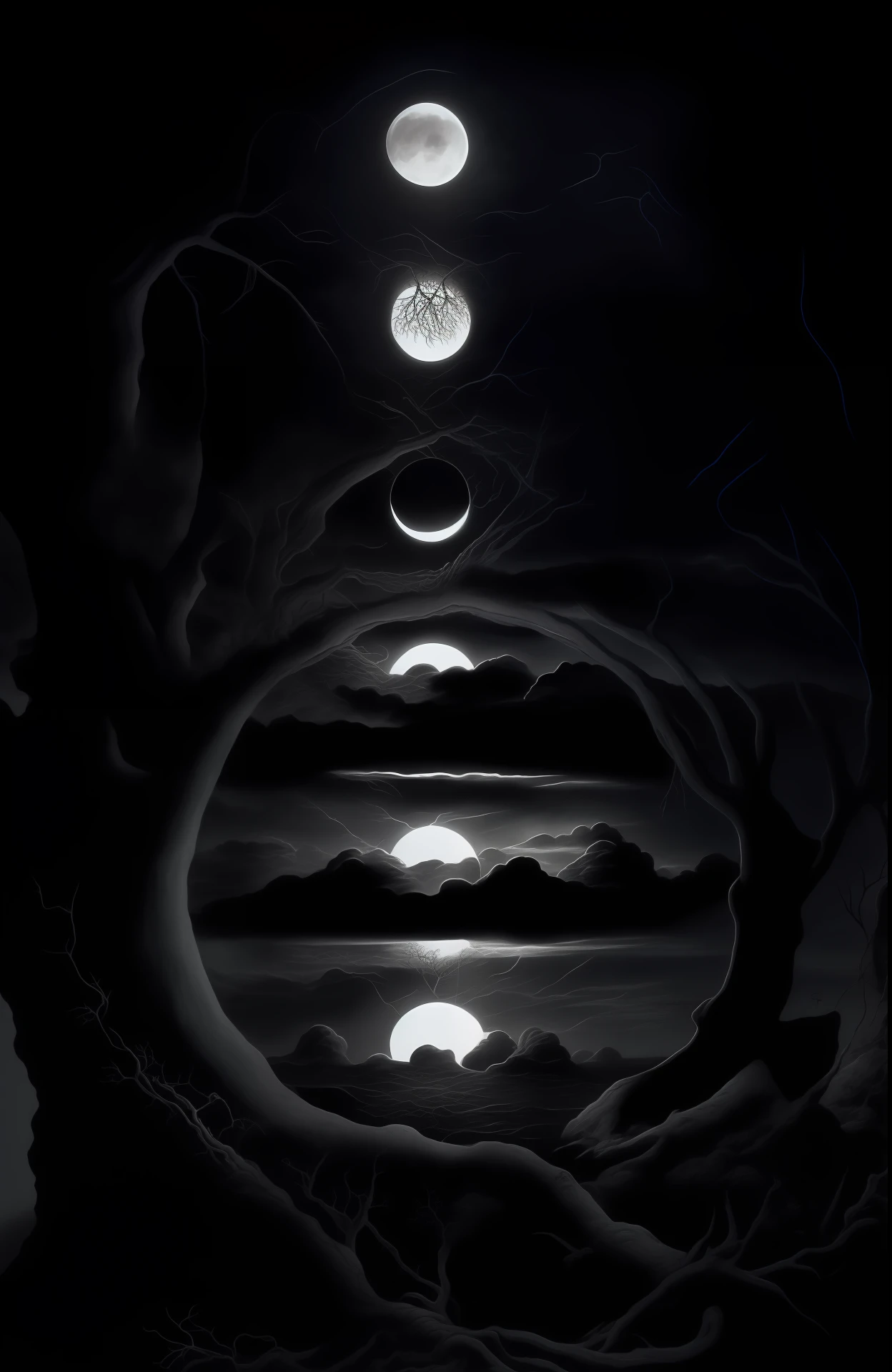 a black and white drawing of a tree with a moon in the sky, Douglas Soares, xilogravura surreal, gravura em madeira, lithoraph engraving, Directed by: Ian Miller, beautiful depiction, Detalhamento intrincado da cena wicca, terra oca, por William Dring, Directed by: Gustav Doré, circle of the crone, imagem detalhada e complexa, Directed by: Ron Walotsky