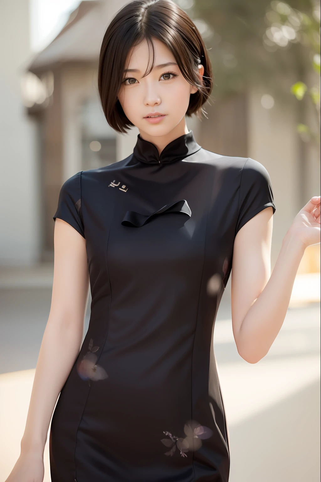 （8k， RAW photos， best qualtiy， tmasterpiece：1.2）， （realisticlying， photograph realistic：1.4）， （The upper part of the body）， （standing on your feet）， cinmatic lighting， photon maping， Radio City， physically-based renderingt， 1girl，（独奏：1.3）， looking at viewert， （black color dress）， （Coiled hair，tying  hair）， ssmile， Focus individually， gentlesoftlighting， dynamic angle， exteriors，