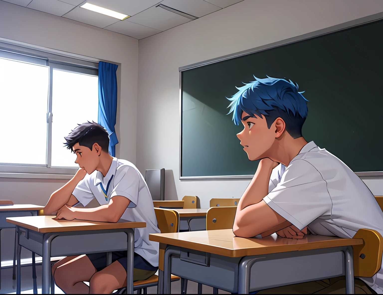 A serious 15-year-old boy who tells a story to another 15-year-old boy has blue hair and is in the school classroom, Behind them are other kids playing basketball.