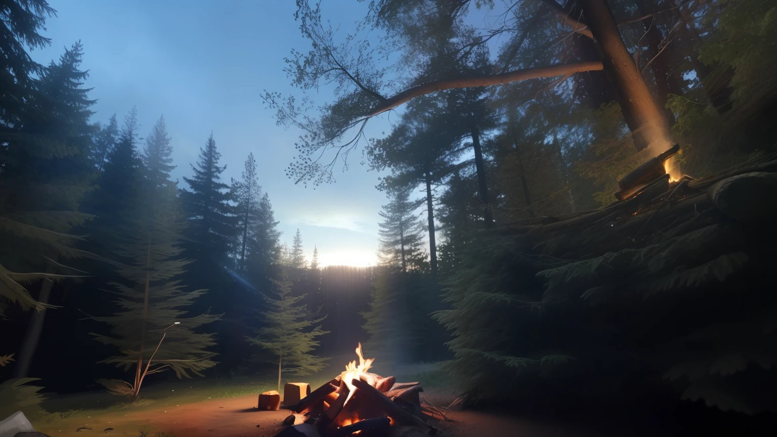 there is a campfire in the middle of a forest with a few trees, campfire in background, at a campfire in the forest, camp fire, setting in nature, campfire, bathed in the the glow of a fire, fire lit, evening!! in the forest, bonfire, camp, summer morning, outdoor campfire pit, late summer evening, beautiful setting