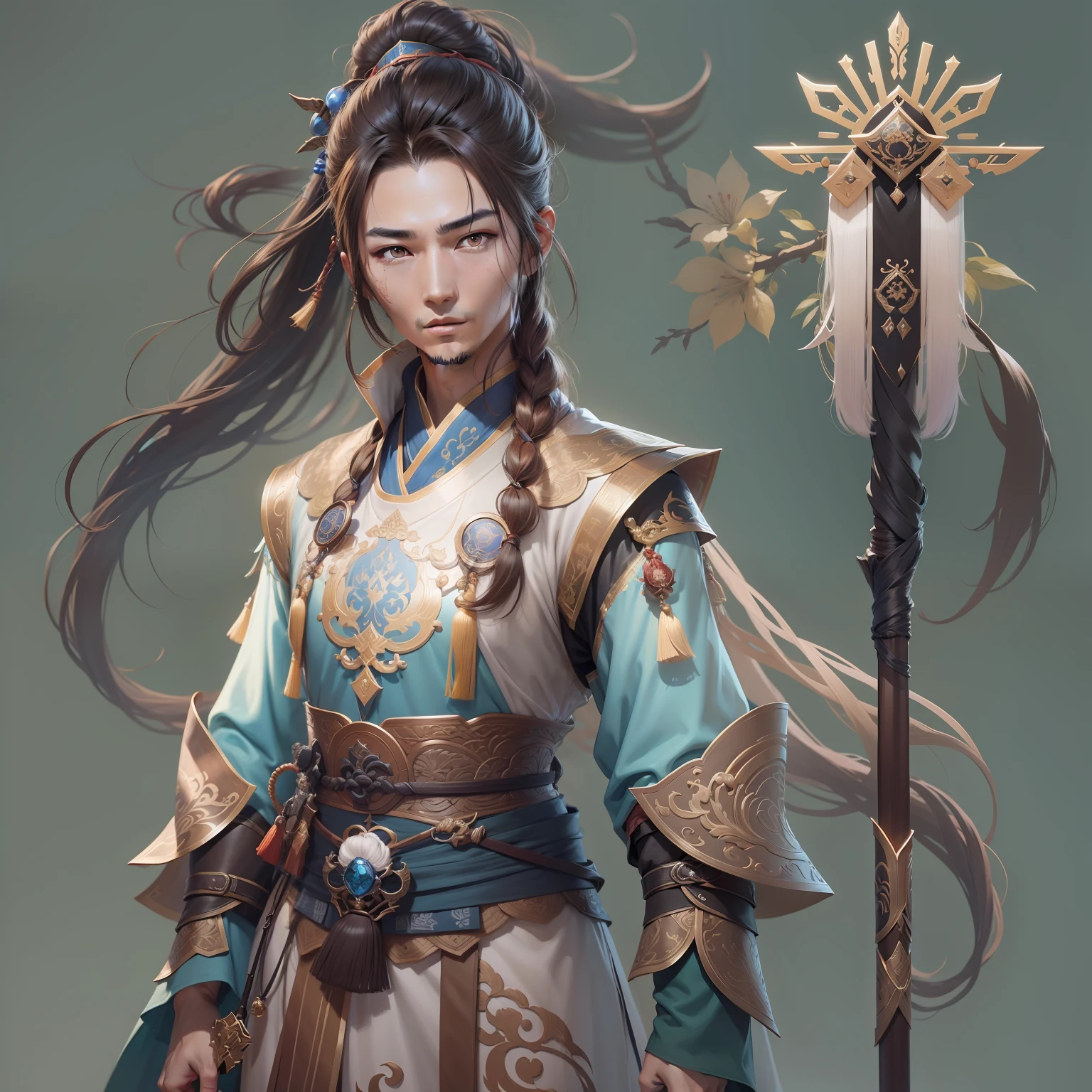 a close up of a man in his 30's, with brown eyes and brown hair, wearing a desert themed outfit, a hero in wuxia style, with brown eyes, martial artist holding a staff, standing in a chinese monastary, new costume concept design, in the style of blade and soul, full body character concept, detailed character design, inspired by Yang Jin, inspired by Li Mei-Shu, chinese costume, inspired by Lan Ying, inspired by Sim Sa-Jeong, inspired by Li Tang, lunar themed attire, costume with blue accents, inspired by Ju Lian, colored concept art, highly detailed character design, highly detailed face, inspired by Ai Xuan, very highly detailed face, unreal engine render, final fantasy 14 style, inspired by Leng Mei