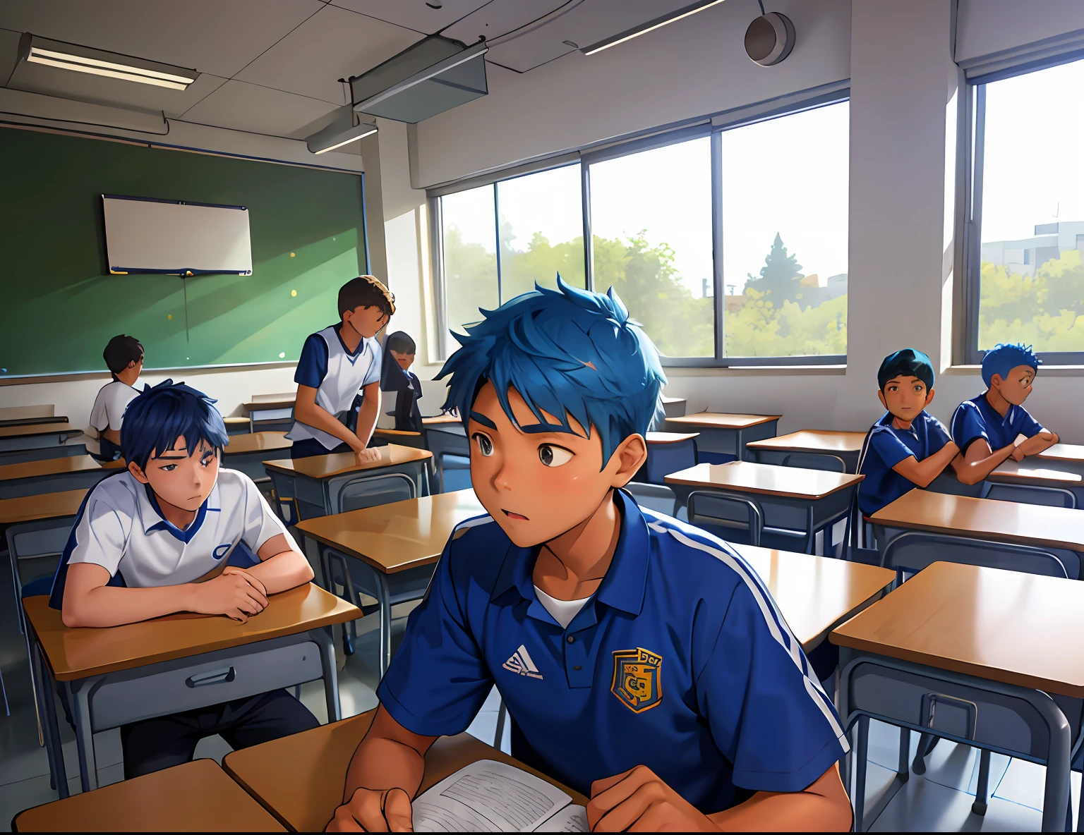 A serious 15-year-old boy who tells a story to another 15-year-old boy has blue hair and is in the school classroom, Behind them are other kids playing basketball.
