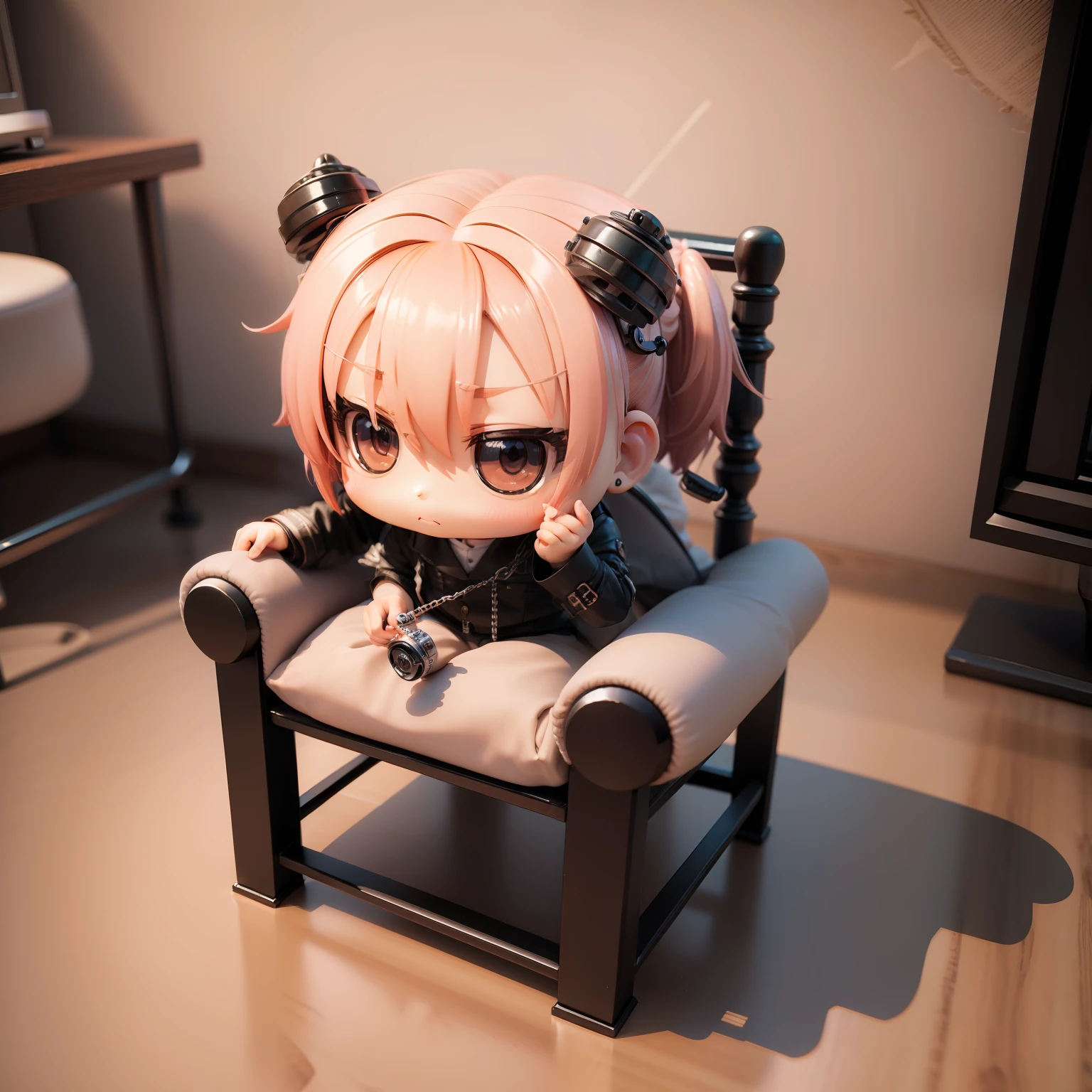 (((chibi3d)))prison、contemplation、a desk、Pipe chair、Interrogation chair、Handcuffed