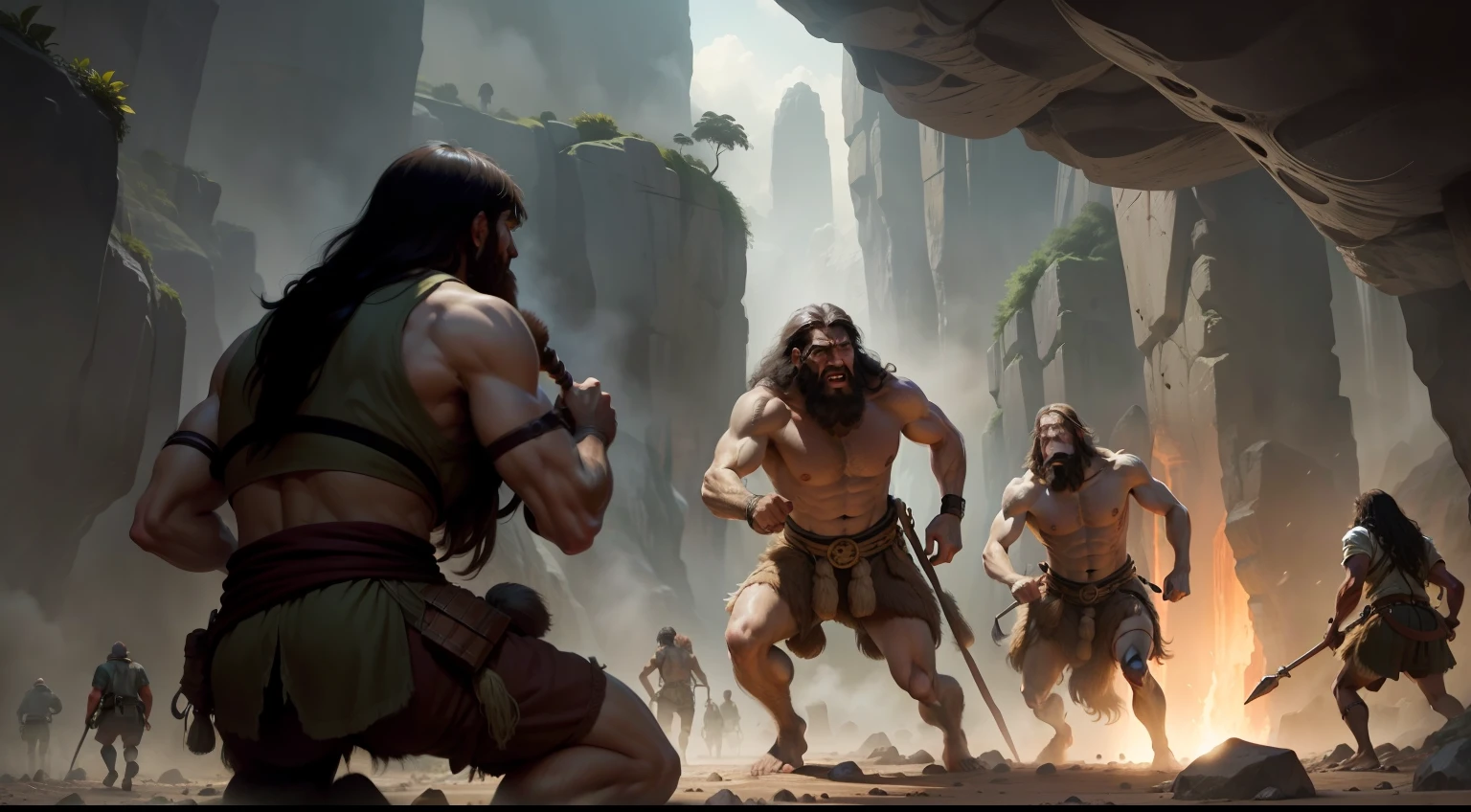 Neandertais vs sapiens, Prehistoric hominid struggle, Prehistoric men, homens das cavernas, prehistoric scenery, Realistic, ultra realistic, cinematic picture, Prehistoric group warfare