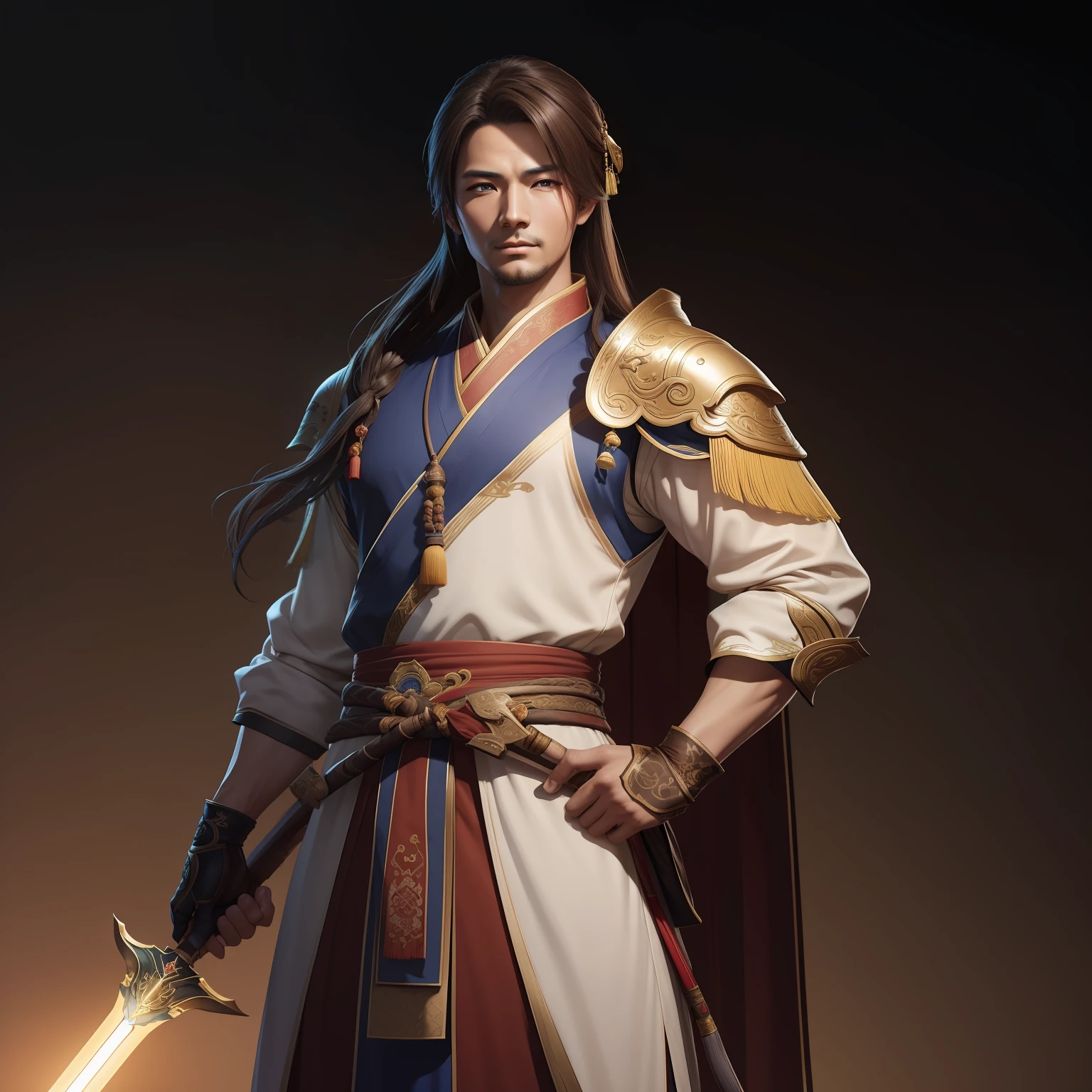 a close up of a man in his 30's, with brown eyes and brown hair, wearing a desert themed outfit, a hero in wuxia style, with brown eyes, martial artist holding a staff, standing in a chinese monastary, new costume concept design, in the style of blade and soul, full body character concept, detailed character design, inspired by Yang Jin, inspired by Li Mei-Shu, chinese costume, inspired by Lan Ying, inspired by Sim Sa-Jeong, inspired by Li Tang, lunar themed attire, costume with blue accents, inspired by Ju Lian, colored concept art, highly detailed character design, highly detailed face, inspired by Ai Xuan, very highly detailed face, unreal engine render, final fantasy 14 style, inspired by Leng Mei