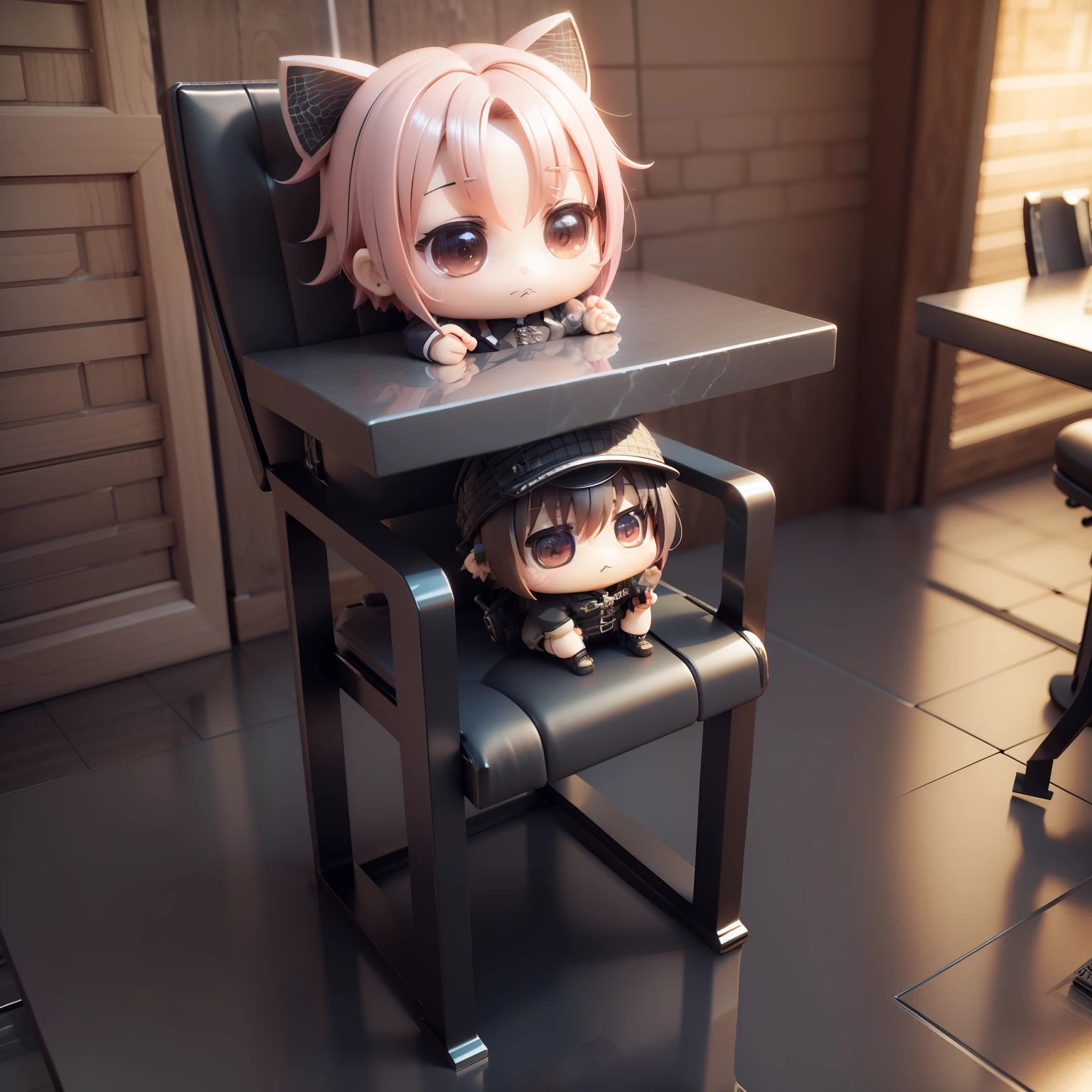 (((chibi3d)))prison、contemplation、a desk、Pipe chair、Interrogation chair、Handcuffed