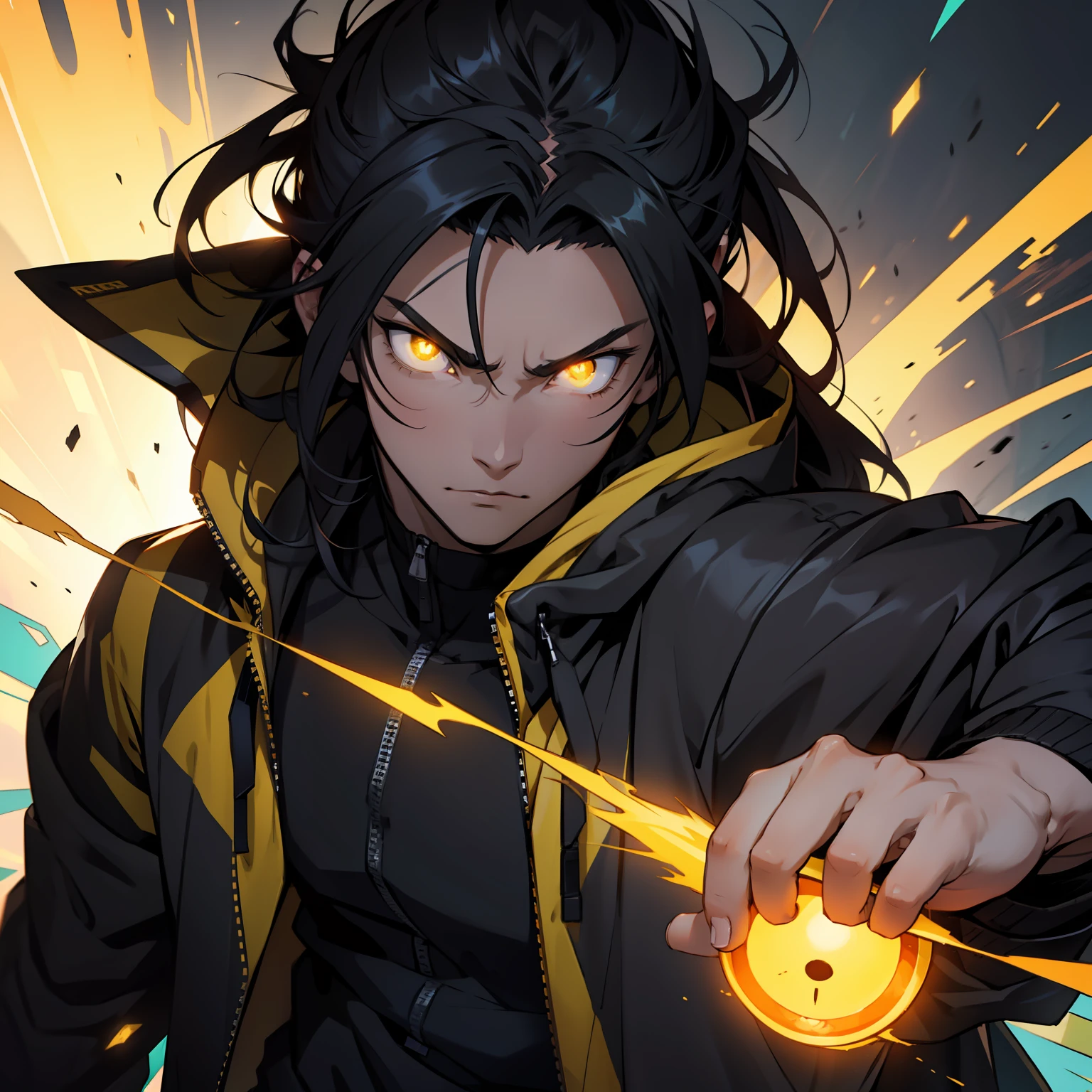 strong anime guy, long black hair with yellow pointails on hair, wearing a fluffy black jacket, yellow glowing eyes, anime style 2d, 4k