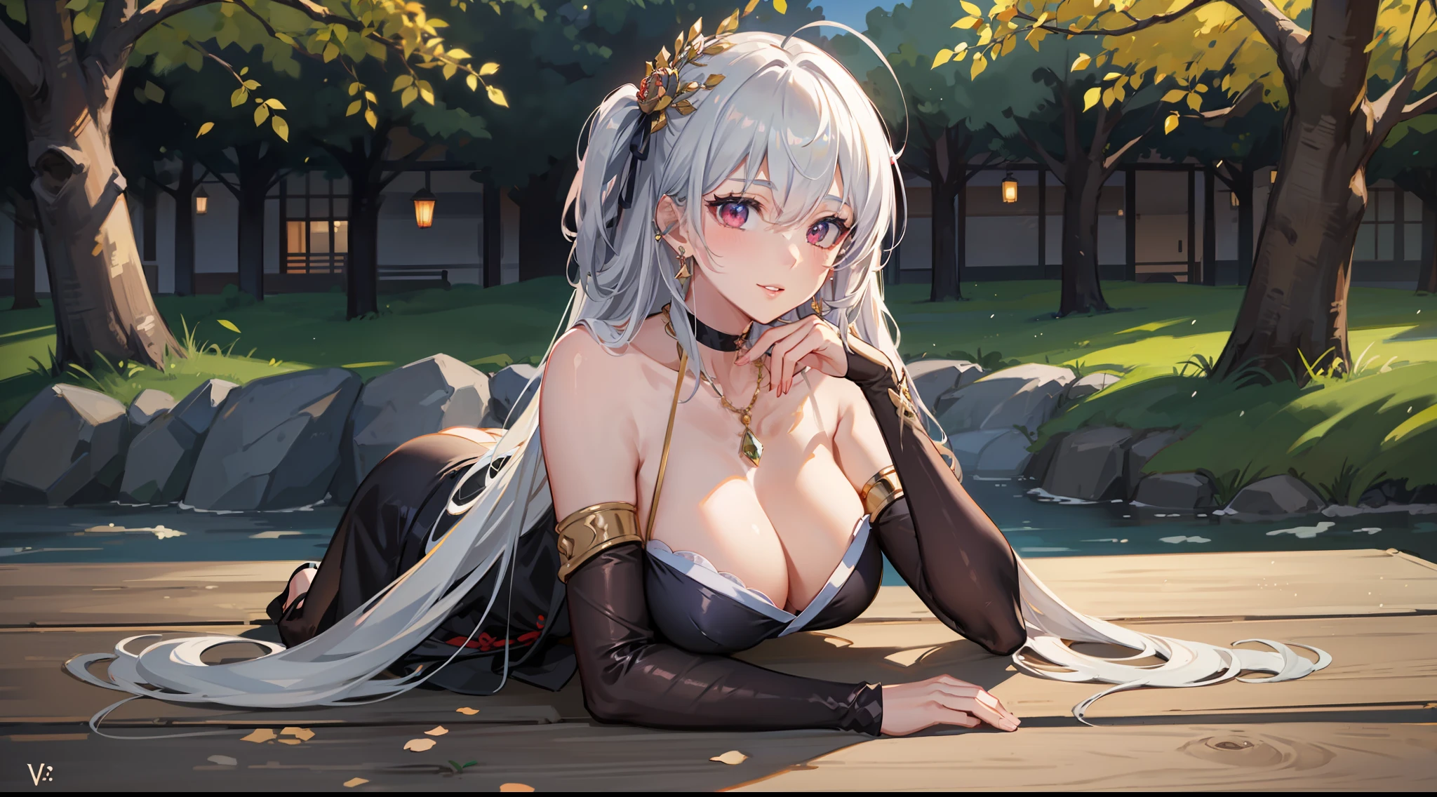 A girl crawls in a park at night,Clear sky in the background. Park benches and soft lighting, Rear photo, (Side photography), looking back at the viewer, (Masterpiece), ((Ultra-detailed)), (Highly detailed), (Expressionless), (Best quality: 1.2), 8K, hdr, A high resolution, absurderes: 1.2, Object perspective, Blurred background, Bokeh: 1.1, Lens flare, (vivd colour: 1.2), High quality texture, Detailed texture, High-quality lighting and shadows, a face with perfect proportion, full bodyesbian, Mature and excited body, Detailed skin texture, vibrant, pale and radiant skin, natural saggy breasts, gigantic bosom: 1.5, High waist, Narrow waist: 1.3, Wide hips, Full buttocks, Detailed beautiful face, (PureErosFace_V1:1.3)(Ulzzang-6500:0.4) Detailed beautiful eyes, Symmetrical eyes, Perfect eyes, Seductive eyes, Beautiful nose, High nose, Clear blush, Detailed lips, Earrings, hoop earings, necklace, jewelry, Sapphire heart necklace, Silver-toned high-heeled sandals, Seductive expression, Smile, Perfect hands, Delicate and beautiful fingers, Detailed beautiful legs, photo-realistic hair, detailed hairs, (Silver dress, Red dress, Blue dress), Japan goddess, Long hair, Blonde hair, (Red eyes: 1.5), Hair ribbon, Bob cut, Red hair ribbon,),Huge breasts,japanese beautiful woman,Blush,