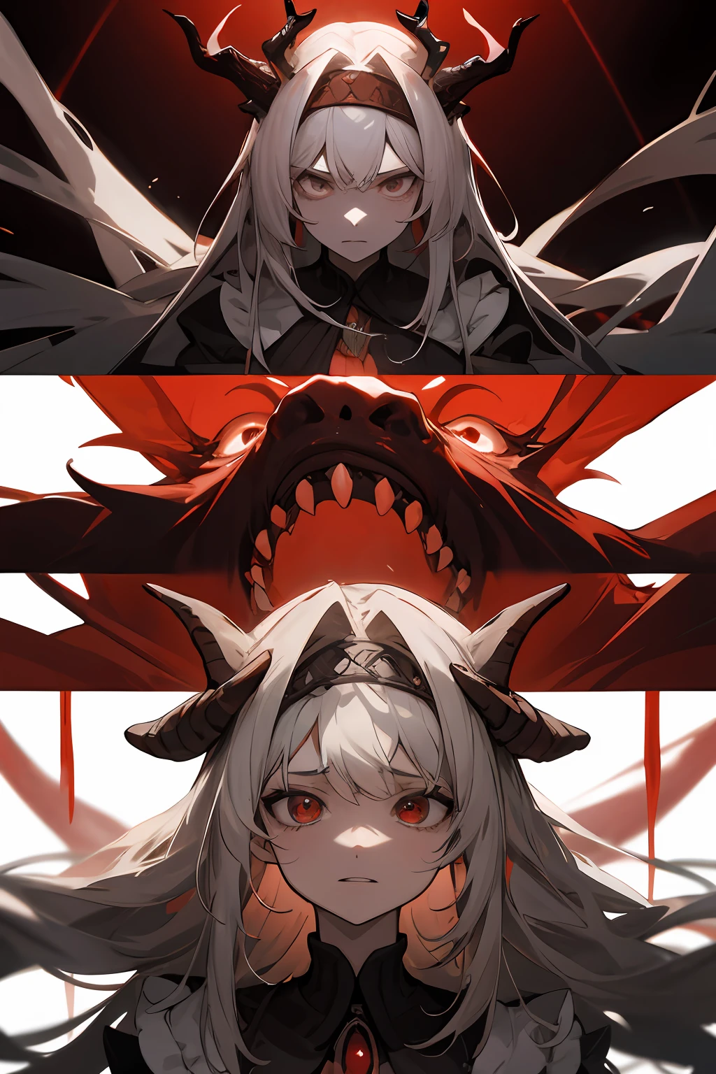 1 garota, rosto, dorso, Expressions with mothers, poses mostrando rosto e dorso, Dragon horns emerging from his head, pontudo, somente cabelo vermelho, apenas cabelo vermelho, Pale skin with delicate scarlet scales, conferindo-lhe um brilho sutil, Mesmerizing irises of an intense red hue, Duas grandes asas escuras, poderoso e membranoso, brotando de suas costas, dentes pontiagudos e afiados, semelhantes aos de um predador poderoso, Imagem, apaixonada